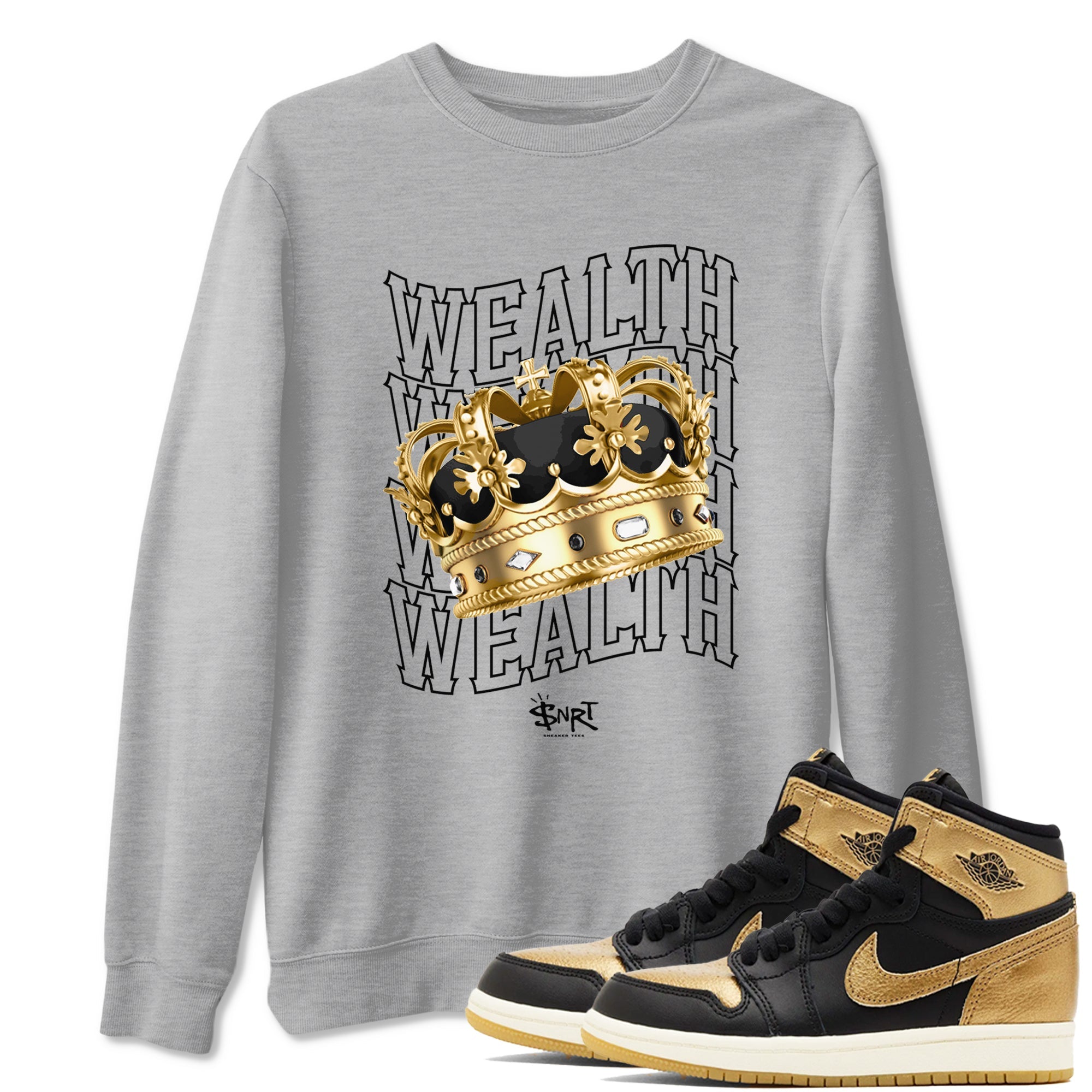 Air Jordan 1 High OG Black Metallic Gold shirts to match jordans Wealth sneaker match tees Jordan 1 Black Metallic Gold Drip Gear Zone streetwear brand Heather Grey 1 unisex cotton tee