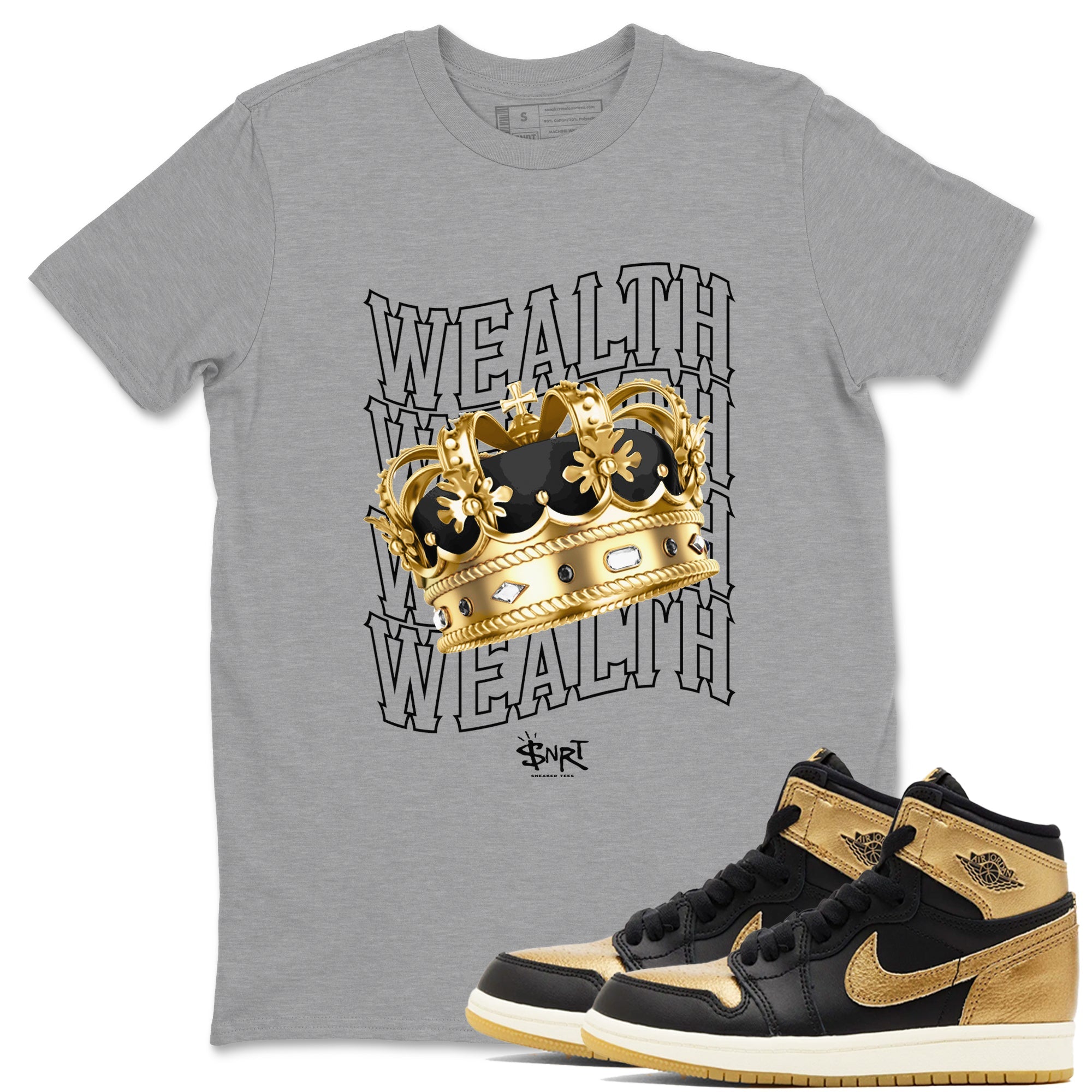 Air Jordan 1 High OG Black Metallic Gold shirts to match jordans Wealth sneaker match tees Jordan 1 Black Metallic Gold Drip Gear Zone streetwear brand Heather Grey 1 unisex cotton tee