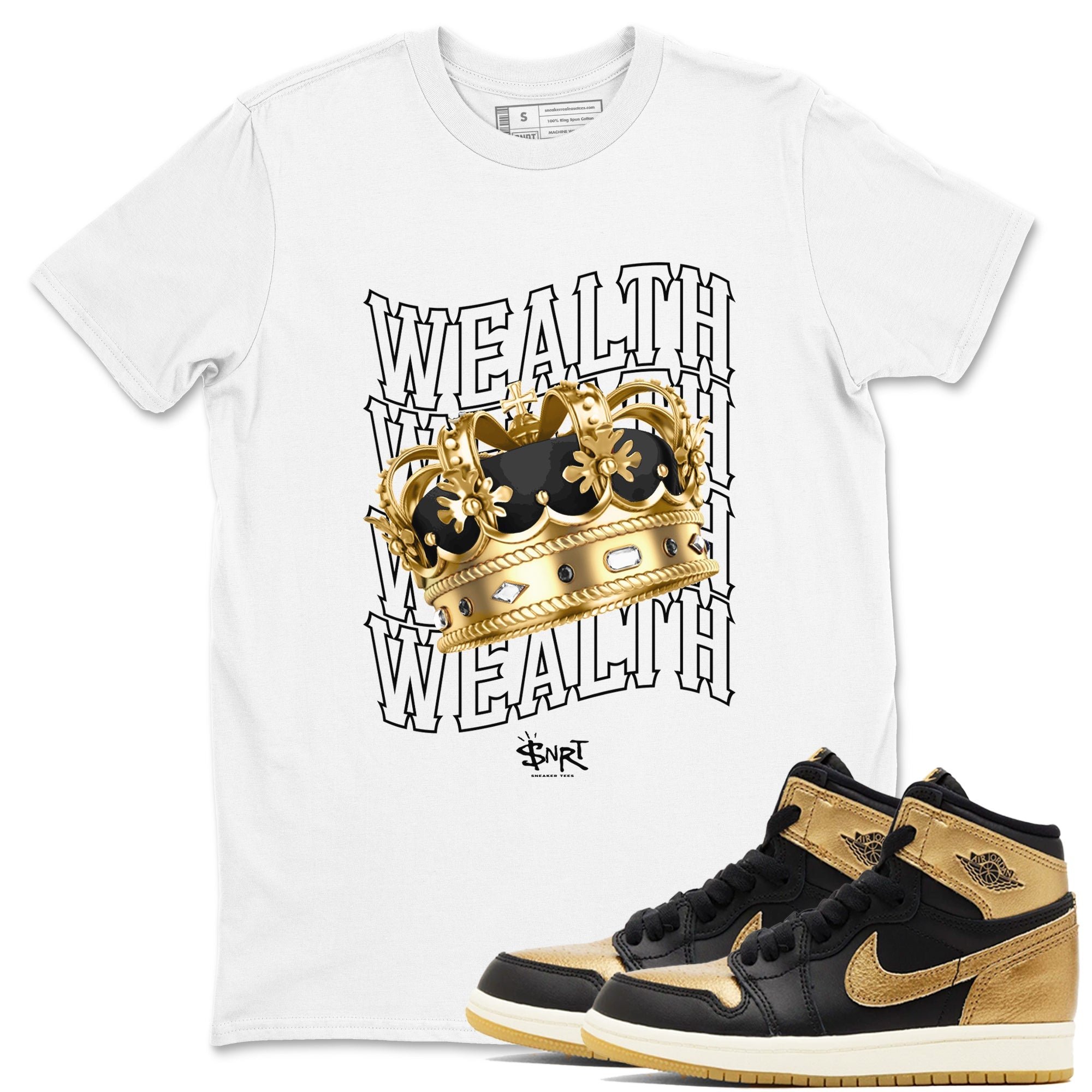 Air Jordan 1 High OG Black Metallic Gold shirts to match jordans Wealth sneaker match tees Jordan 1 Black Metallic Gold Drip Gear Zone streetwear brand White 1 unisex cotton tee