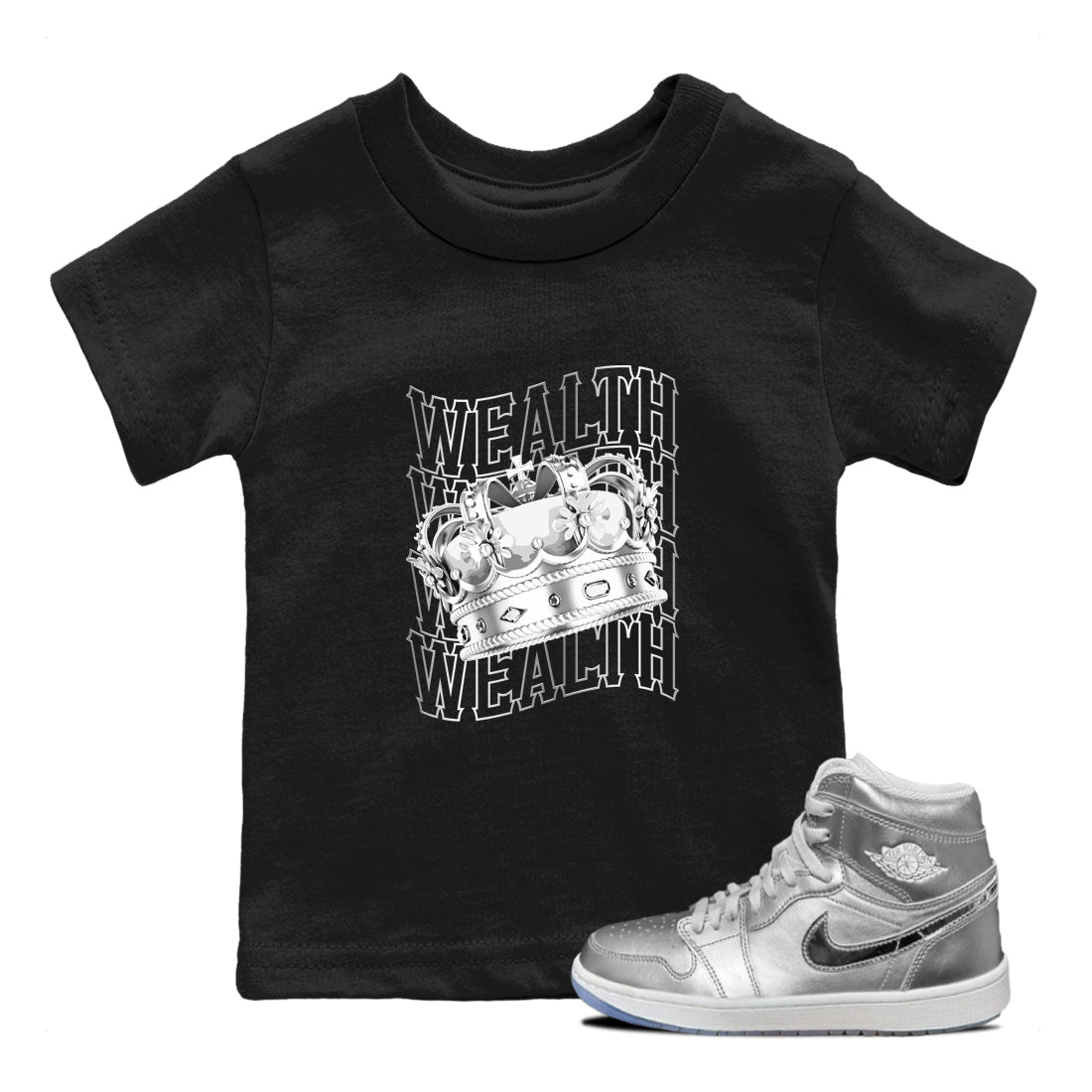 Air Jordan 1 Gift Giving Silver shirts to match jordans Wealth sneaker match tees Air Jordan 1 Gift Giving Drip Gear Zone streetwear brand Baby and Youth Black 1 cotton tee