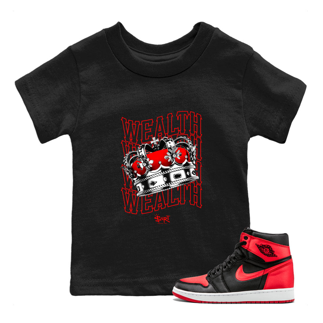 Air Jordan 1 Retro High OG Satin Bred shirt to match jordans Wealth sneaker release tees Air Jordan 1 Satin Bred Drip Gear Zone Baby Toddler Black 1 T-Shirt