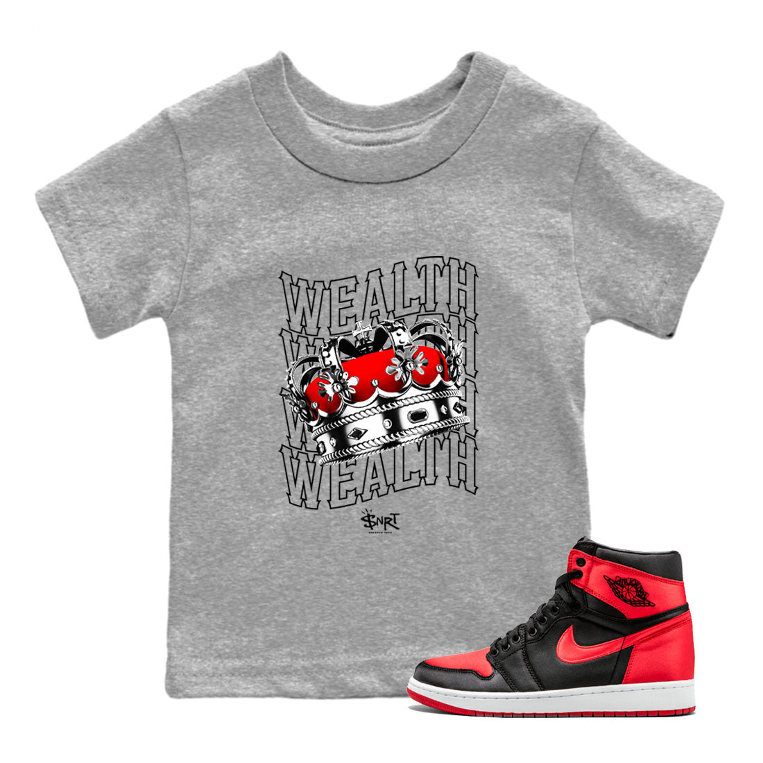 Air Jordan 1 Retro High OG Satin Bred shirt to match jordans Wealth sneaker release tees Air Jordan 1 Satin Bred Drip Gear Zone Baby Toddler Heather Grey 1 T-Shirt