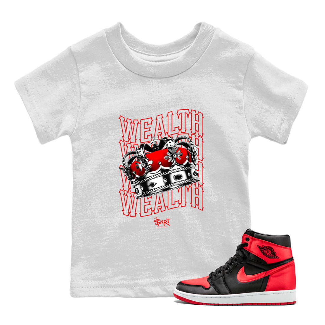 Air Jordan 1 Retro High OG Satin Bred shirt to match jordans Wealth sneaker release tees Air Jordan 1 Satin Bred Drip Gear Zone Baby Toddler White 1 T-Shirt