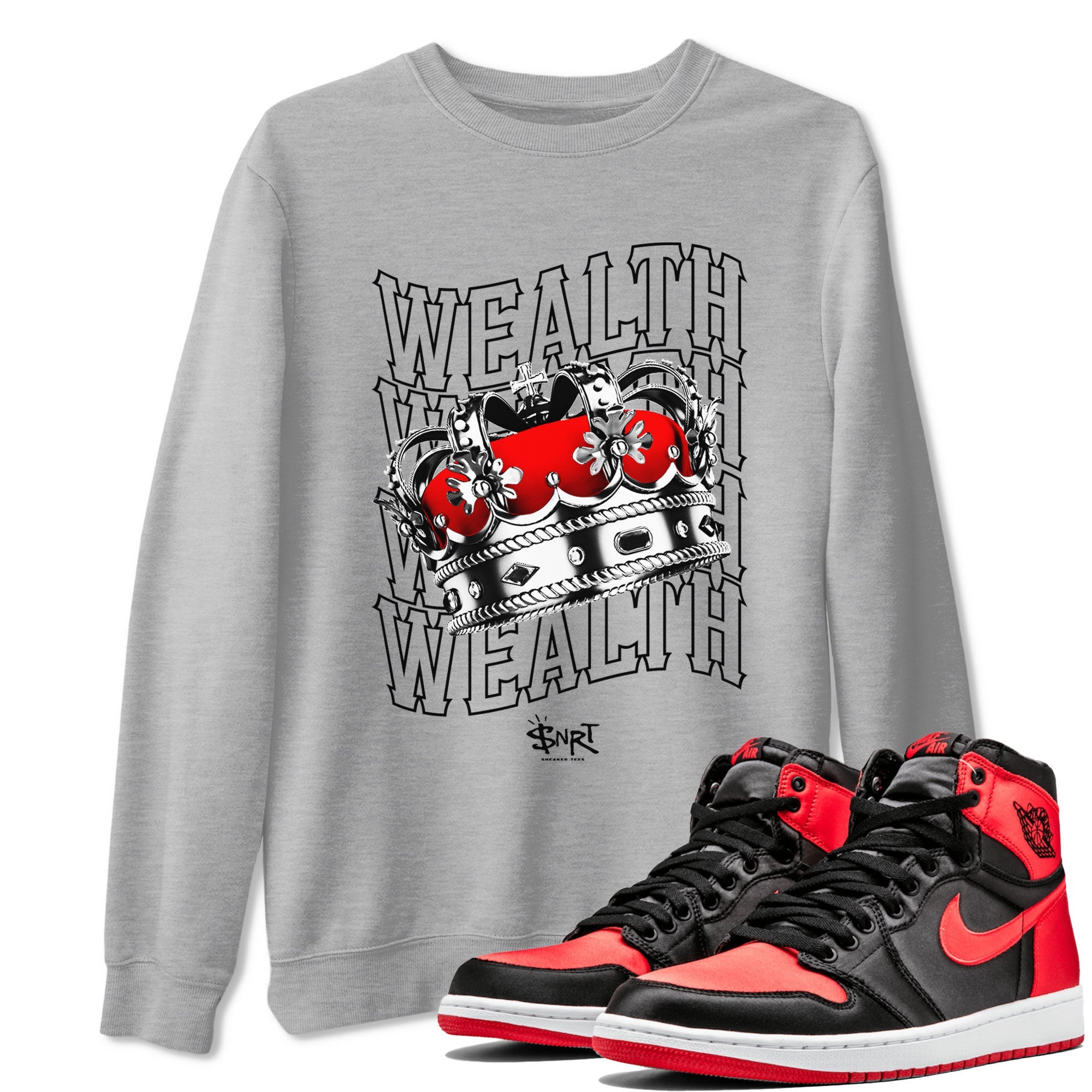 Air Jordan 1 Retro High OG Satin Bred shirt to match jordans Wealth sneaker release tees Air Jordan 1 Satin Bred Drip Gear Zone Unisex Streetwear Clothing Heather Grey 1 T-Shirt