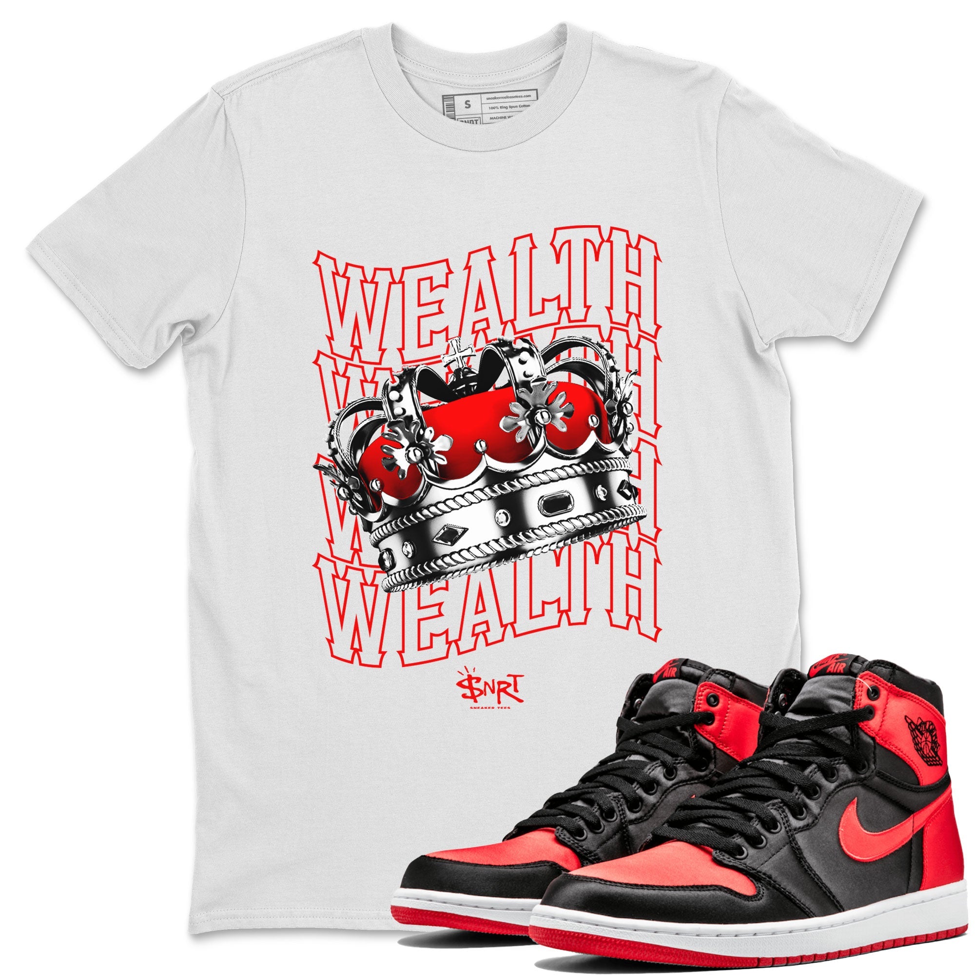 Air Jordan 1 Retro High OG Satin Bred shirt to match jordans Wealth sneaker release tees Air Jordan 1 Satin Bred Drip Gear Zone Unisex Streetwear Clothing White 1 T-Shirt