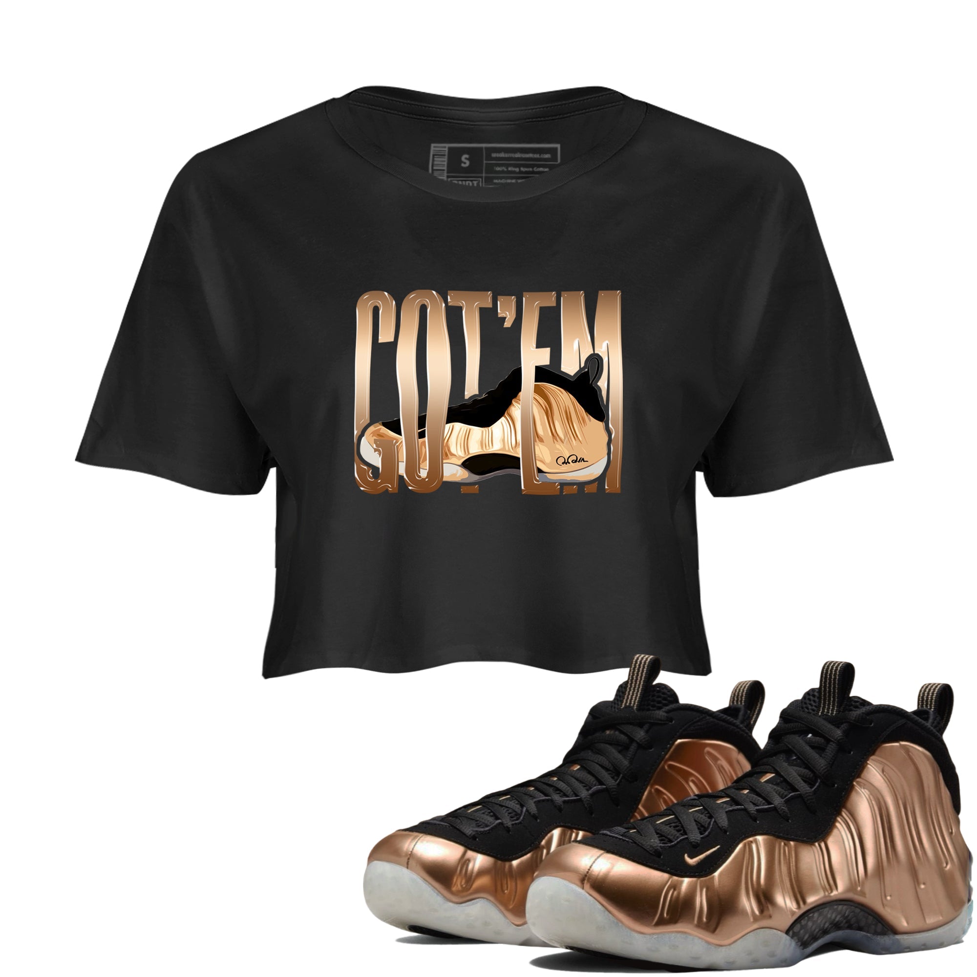 Foams One Metallic Copper shirts to match jordans Wiggling Gotem sneaker match tees Air Foamposite One Metallic Copper match shoes to clothes Drip Gear Zone unisex cotton Black 1 crop tee