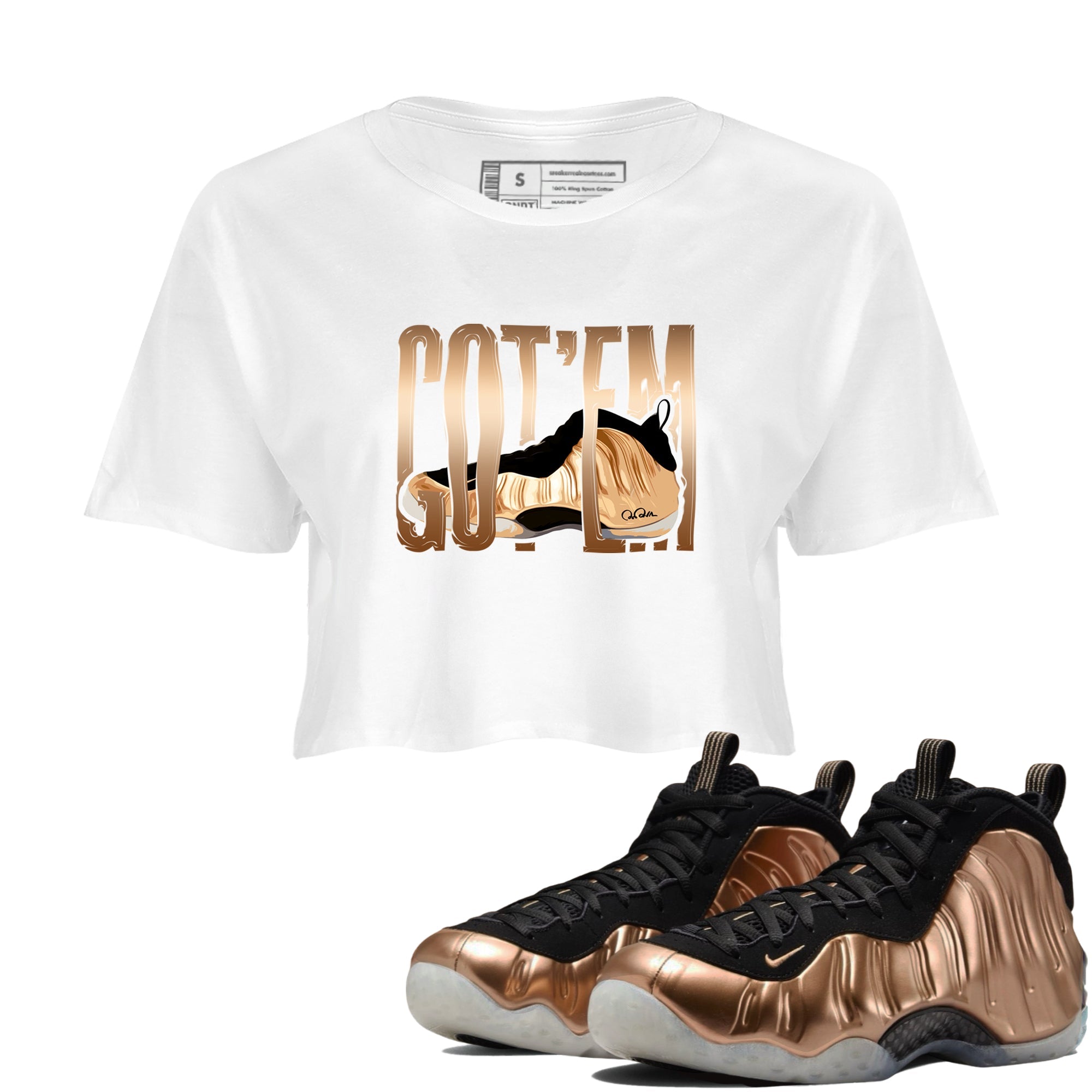 Foams One Metallic Copper shirts to match jordans Wiggling Gotem sneaker match tees Air Foamposite One Metallic Copper match shoes to clothes Drip Gear Zone unisex cotton White 1 crop tee
