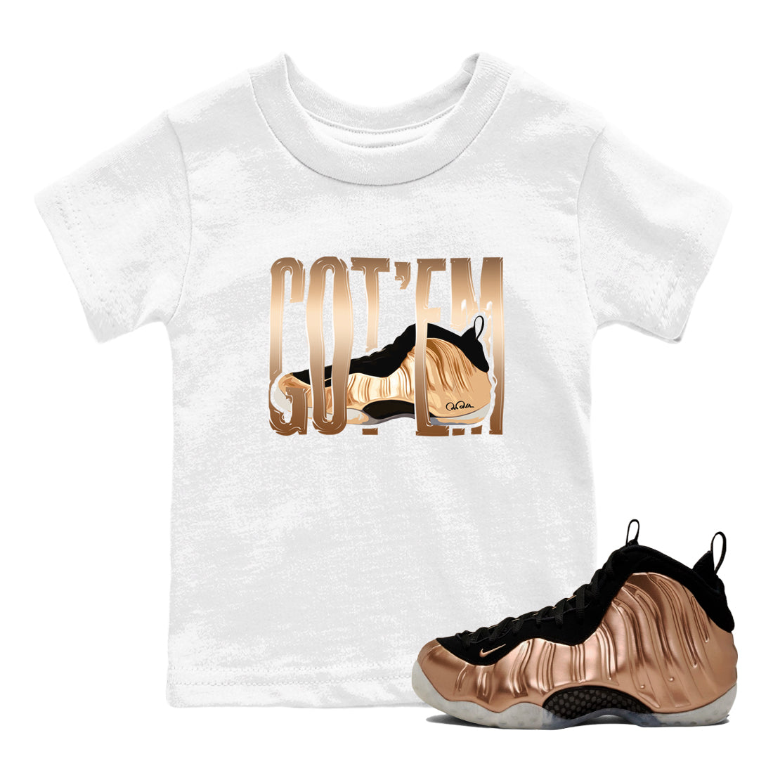 Foams One Metallic Copper shirts to match jordans Wiggling Gotem sneaker match tees Air Foamposite One Metallic Copper match shoes to clothes Drip Gear Zone Youth Baby White 1 tee