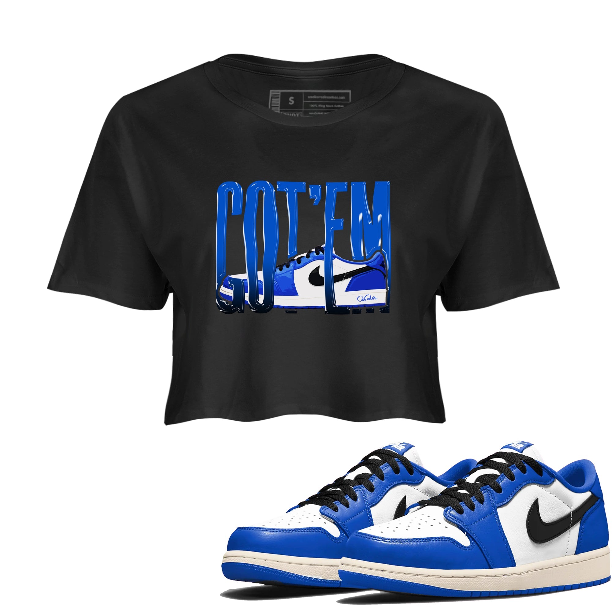 AJ1 Game Royal shirt to match jordans Wiggling Gotem sneaker tees Air Jordan 1 Game Royal Drip Gear Zone Black 1 crop length shirt