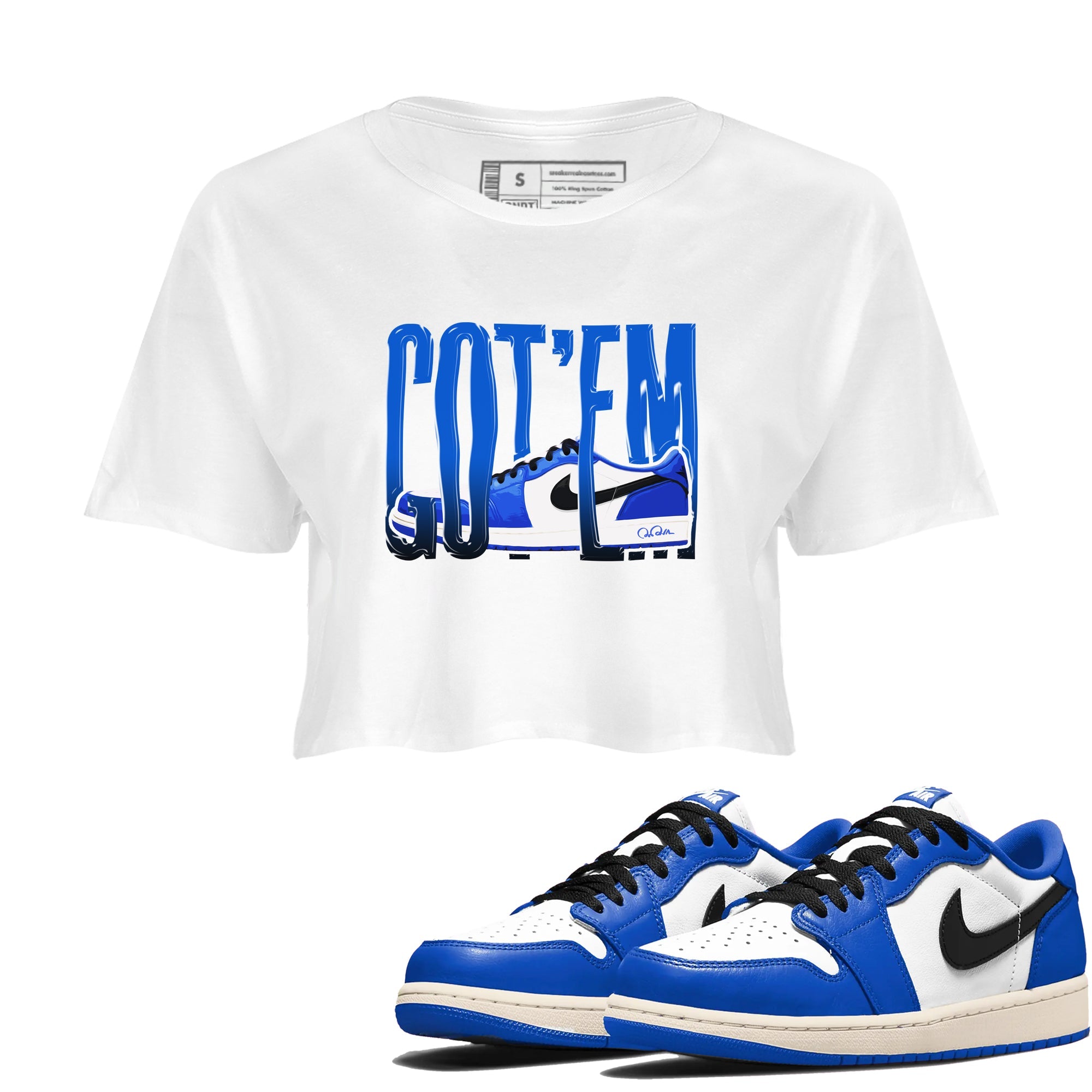 AJ1 Game Royal shirt to match jordans Wiggling Gotem sneaker tees Air Jordan 1 Game Royal Drip Gear Zone White 1 crop length shirt