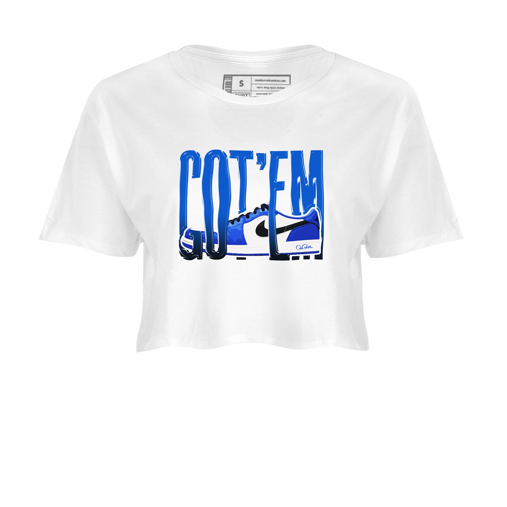 AJ1 Game Royal shirt to match jordans Wiggling Gotem sneaker tees Air Jordan 1 Game Royal Drip Gear Zone White 2 crop length shirt