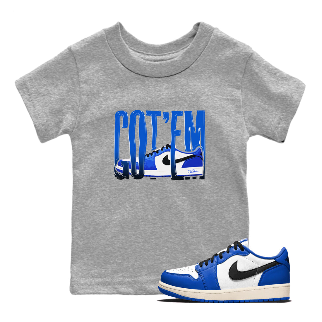 AJ1 Game Royal shirt to match jordans Wiggling Gotem sneaker tees Air Jordan 1 Game Royal Drip Gear Zone baby toddler Heather Grey 1 cotton Shirt