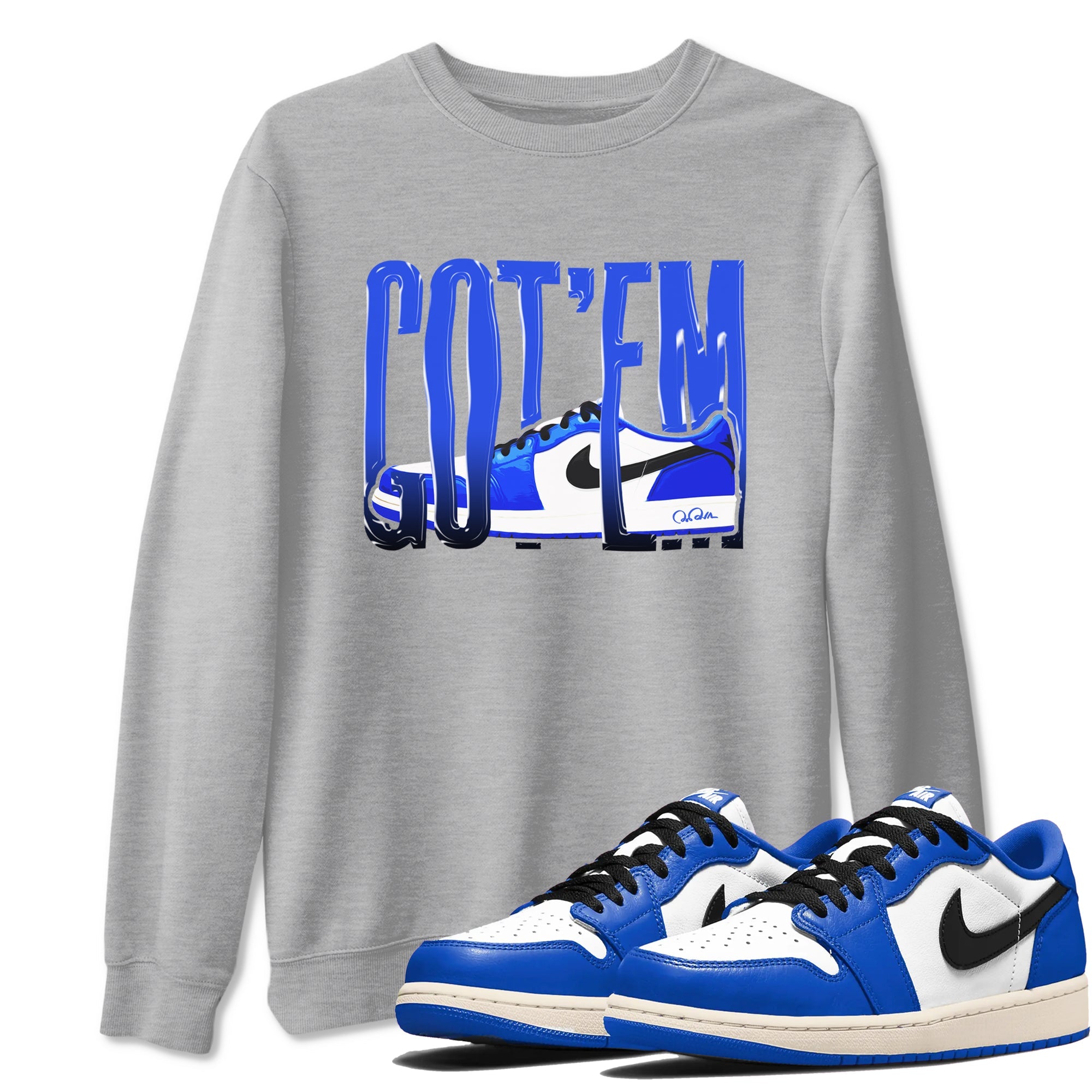 AJ1 Game Royal shirt to match jordans Wiggling Gotem sneaker tees Air Jordan 1 Game Royal Drip Gear Zone unisex cotton Heather Grey 1 crew neck shirt