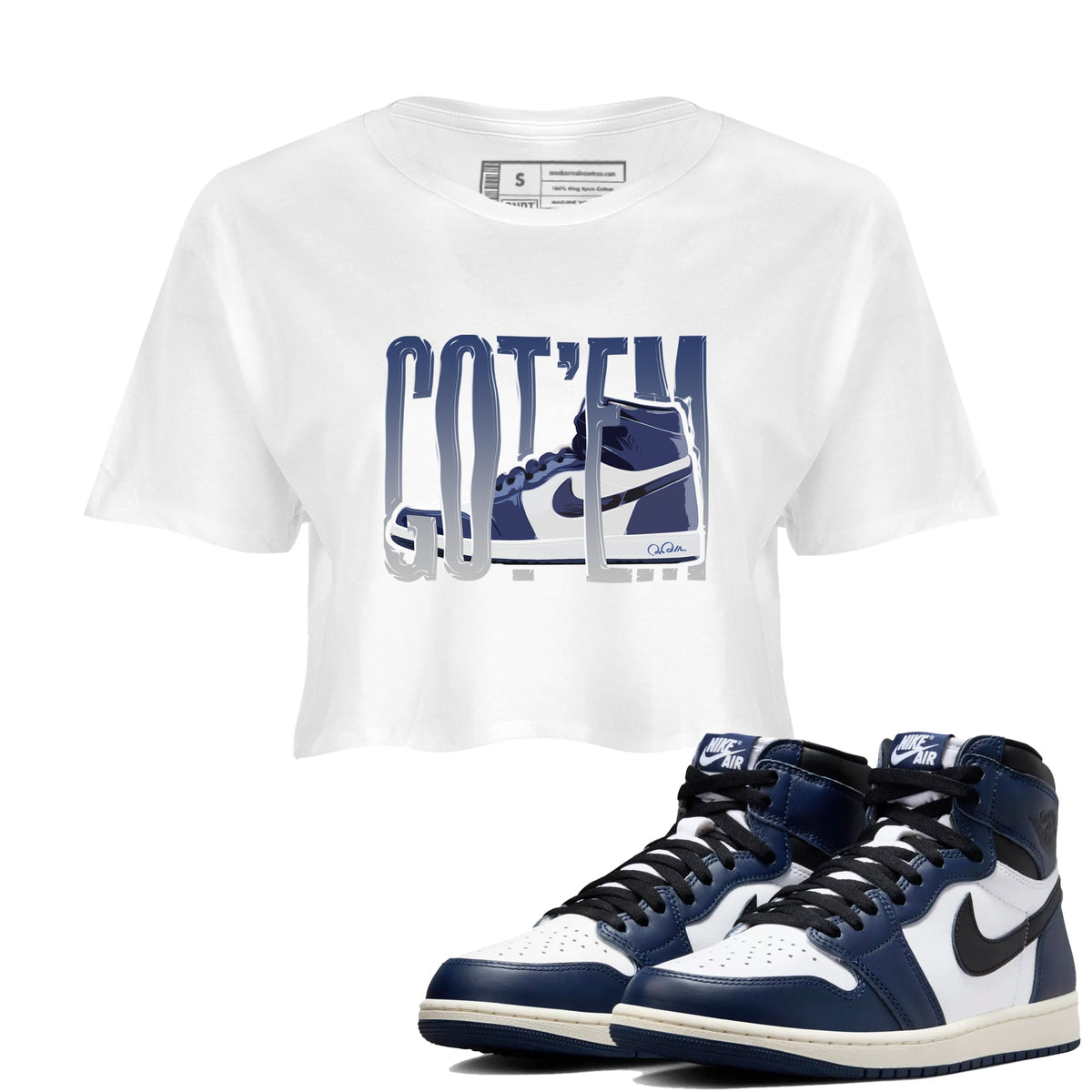 1s Midnight Navy shirts to match jordans Wiggling Gotem sneaker match tees Air Jordan 1 Midnight Navy match shoes to clothes Drip Gear Zone unisex cotton White 1 crop tee