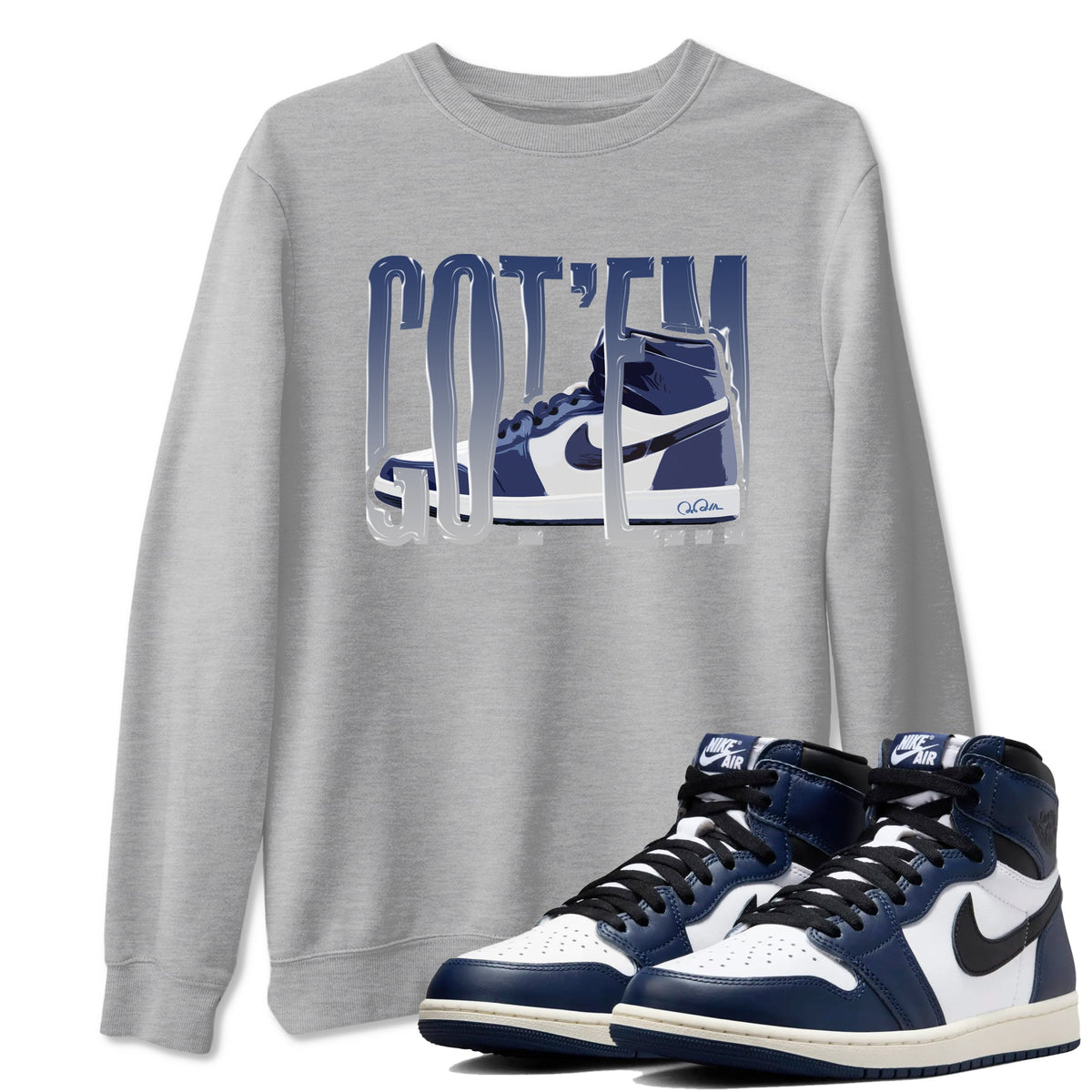 1s Midnight Navy shirts to match jordans Wiggling Gotem sneaker match tees Air Jordan 1 Midnight Navy match shoes to clothes Drip Gear Zone unisex cotton Heather Grey 1 shirts