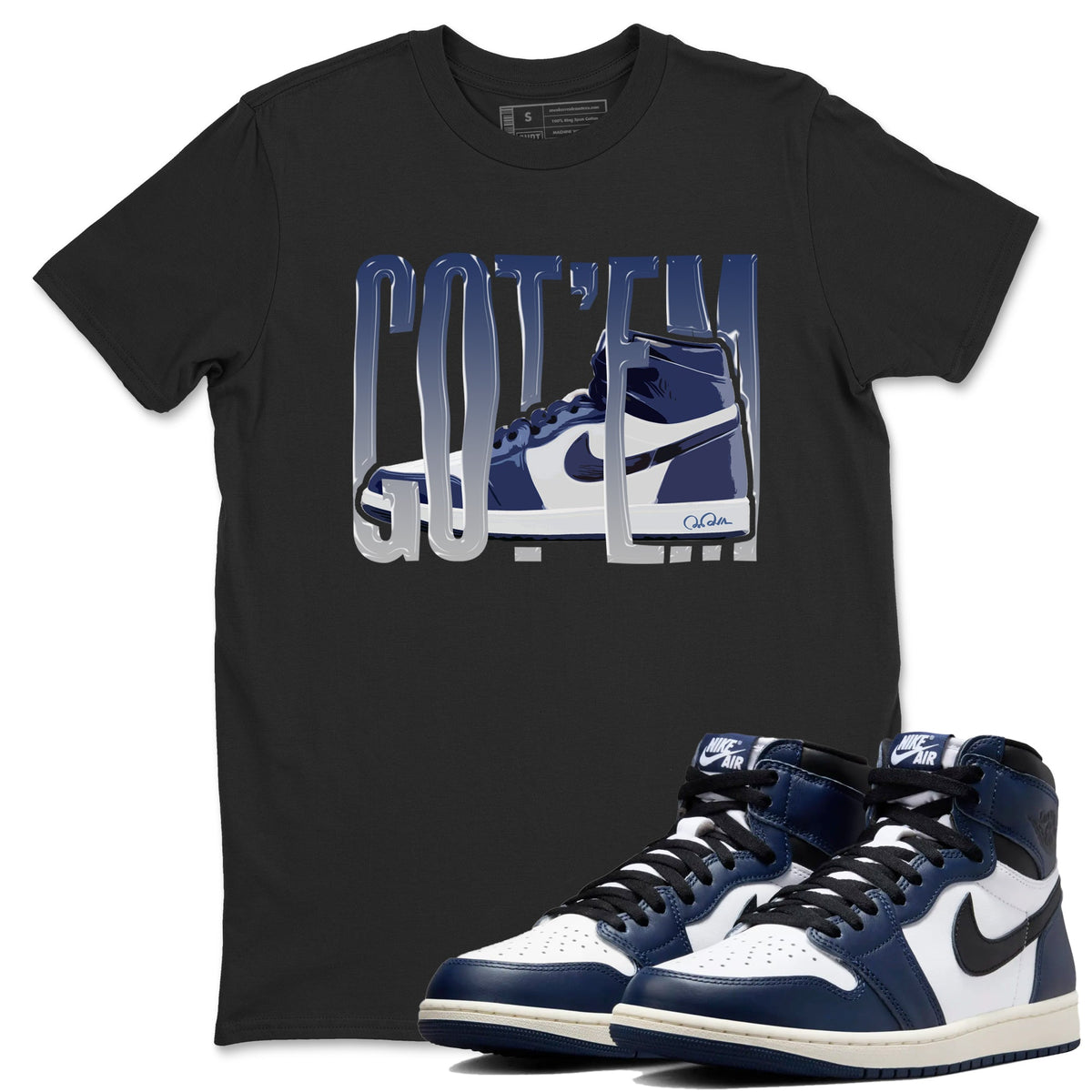 1s Midnight Navy shirts to match jordans Wiggling Gotem sneaker match tees Air Jordan 1 Midnight Navy match shoes to clothes Drip Gear Zone unisex cotton Black 1 shirts