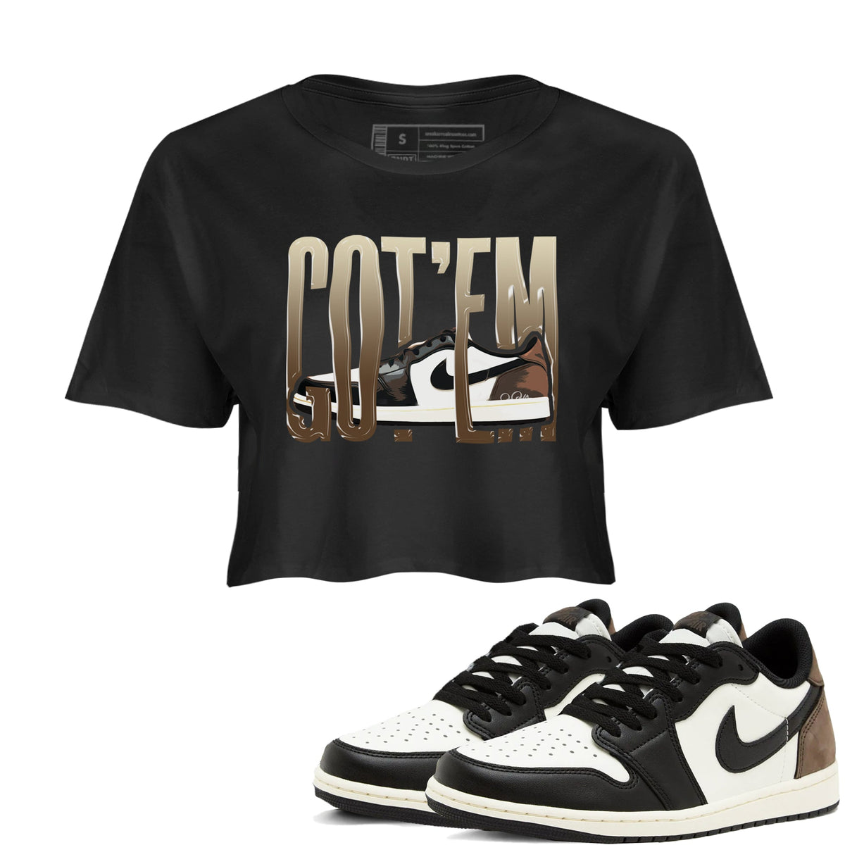 1s Low OG Mocha shirts to match jordans Wiggling Gotem sneaker match tees Air Jordan 1 Mocha match shoes to clothes Drip Gear Zone unisex cotton Black 1 crop tee