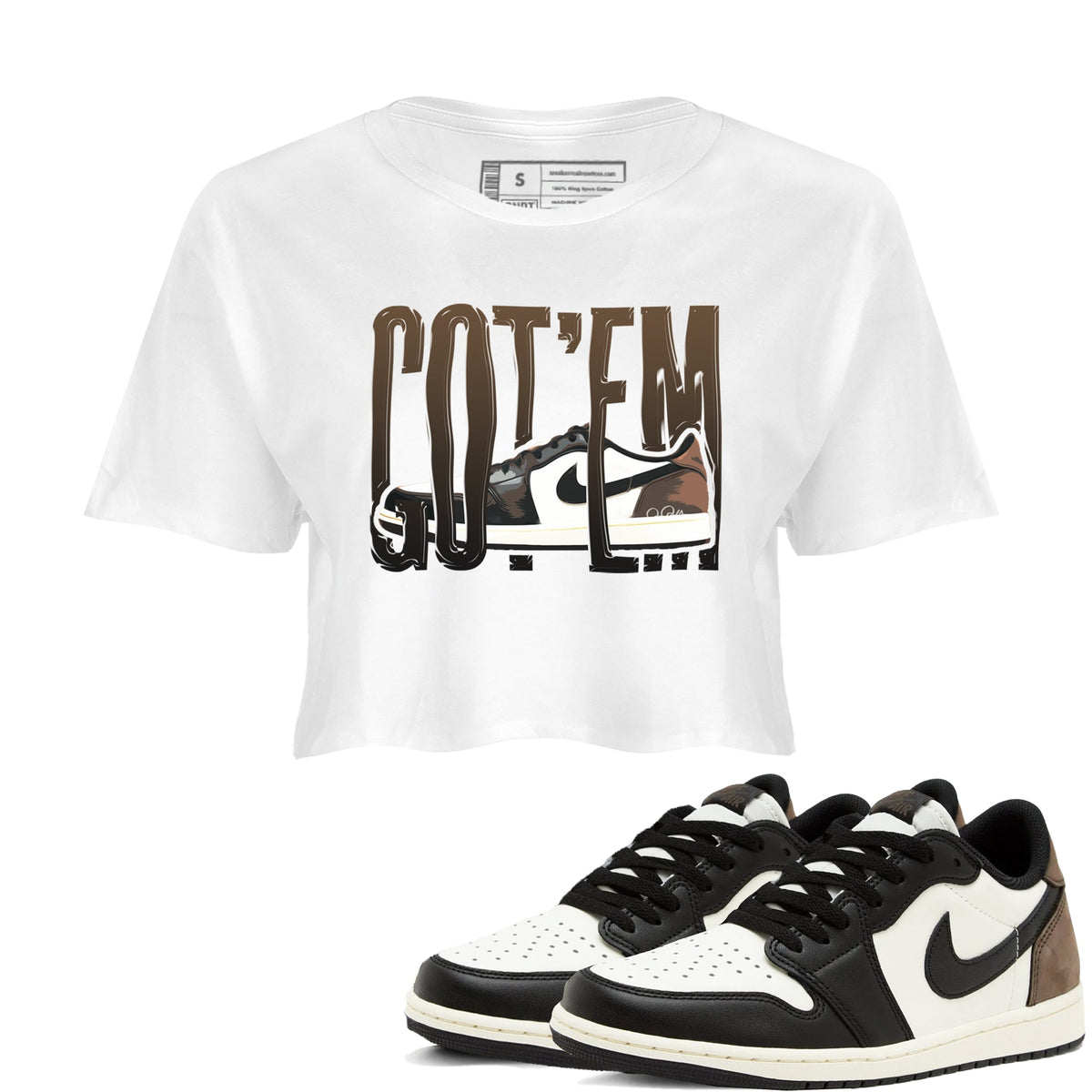 1s Low OG Mocha shirts to match jordans Wiggling Gotem sneaker match tees Air Jordan 1 Mocha match shoes to clothes Drip Gear Zone unisex cotton White 1 crop tee