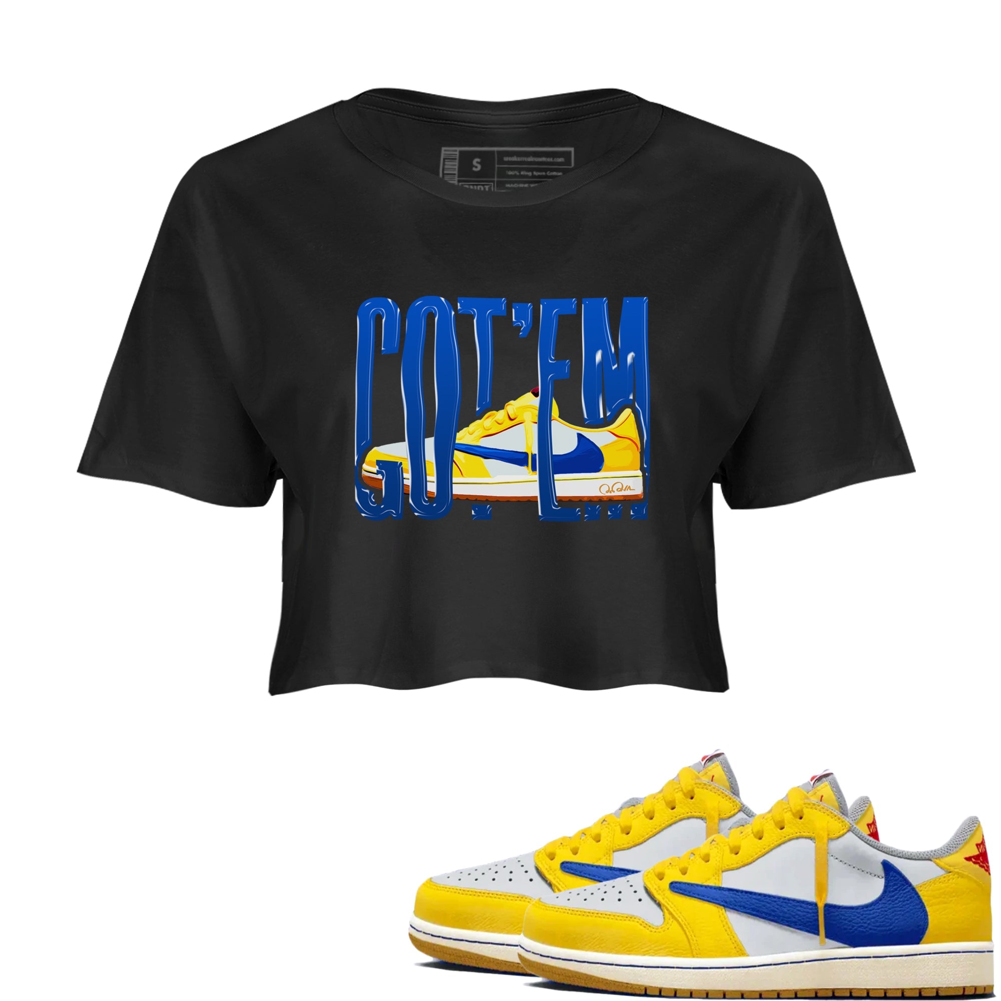1s Travis Scott Canary shirt to match jordans Wiggling Gotem sneaker tees Air Jordan 1 Travis Scott Canary Drip Gear Zone Black 1 crop length shirt
