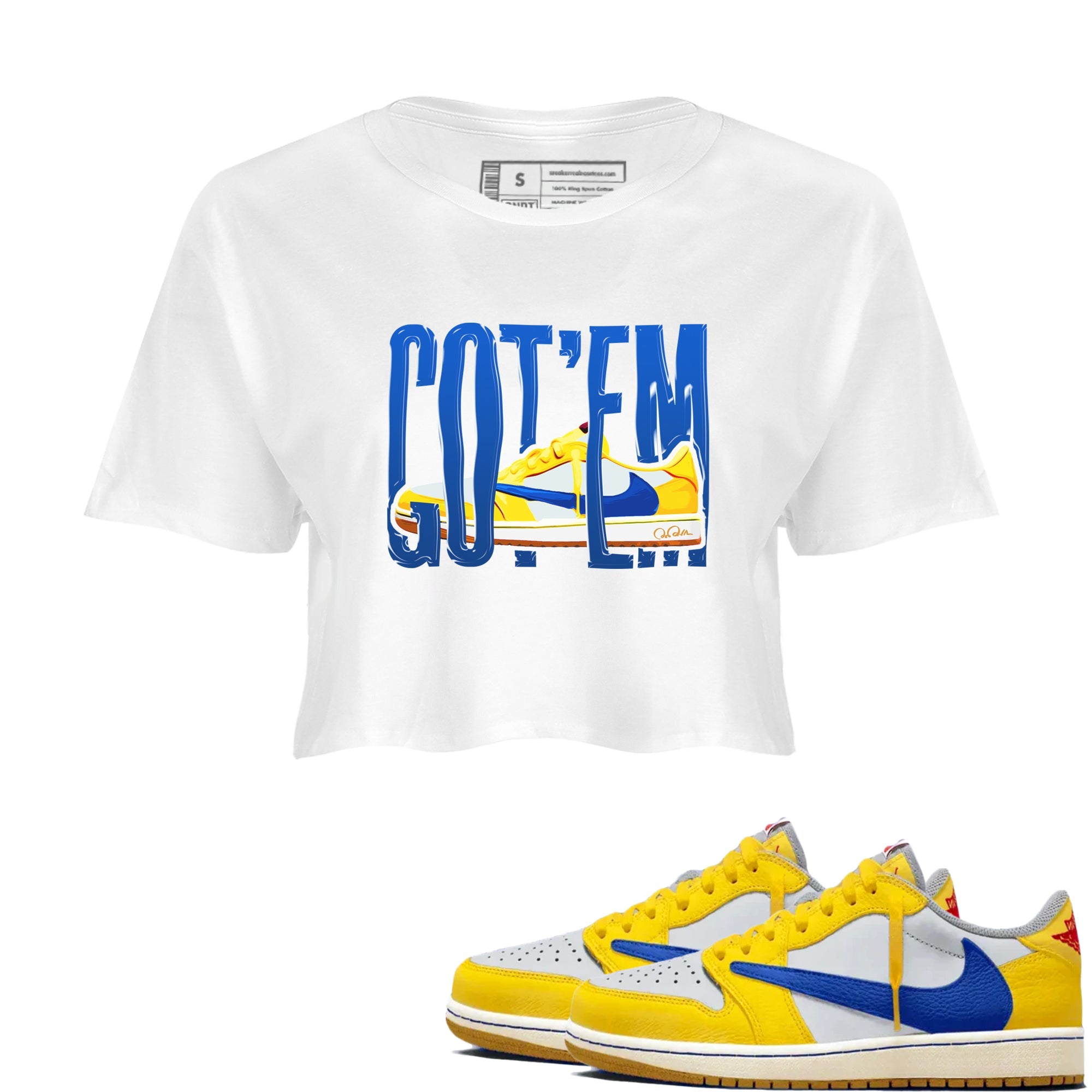 1s Travis Scott Canary shirt to match jordans Wiggling Gotem sneaker tees Air Jordan 1 Travis Scott Canary Drip Gear Zone White 1 crop length shirt