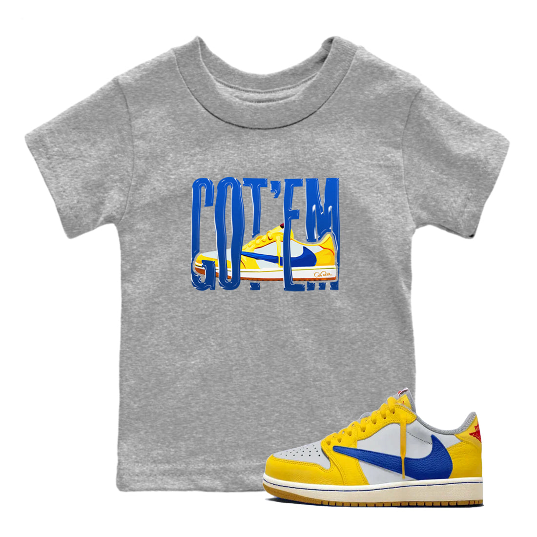 1s Travis Scott Canary shirt to match jordans Wiggling Gotem sneaker tees Air Jordan 1 Travis Scott Canary Drip Gear Zone baby toddler Heather Grey 1 cotton Shirt