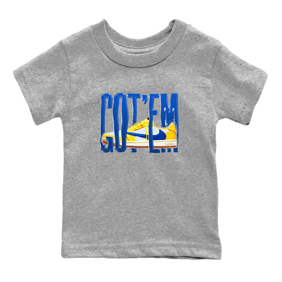 1s Travis Scott Canary shirt to match jordans Wiggling Gotem sneaker tees Air Jordan 1 Travis Scott Canary Drip Gear Zone baby toddler Heather Grey 2 cotton Shirt