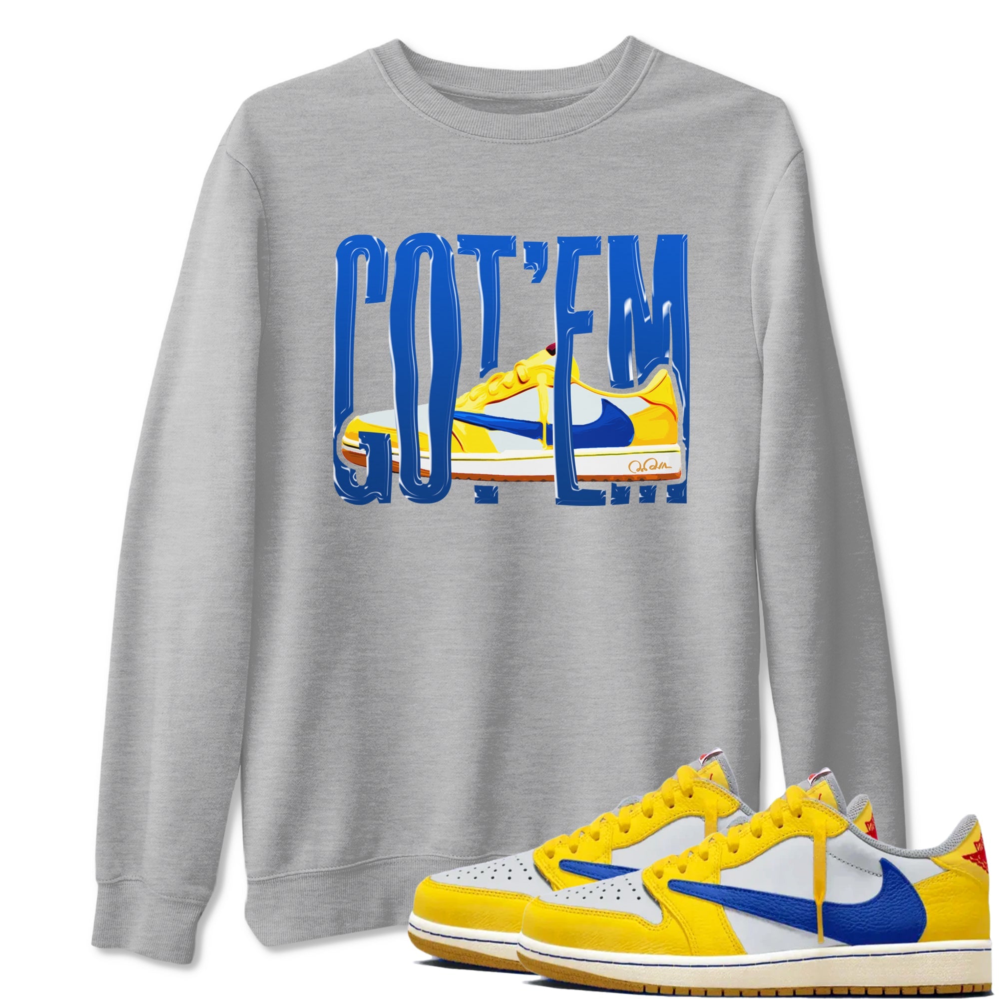 1s Travis Scott Canary shirt to match jordans Wiggling Gotem sneaker tees Air Jordan 1 Travis Scott Canary Drip Gear Zone unisex cotton Heather Grey 1 crew neck shirt