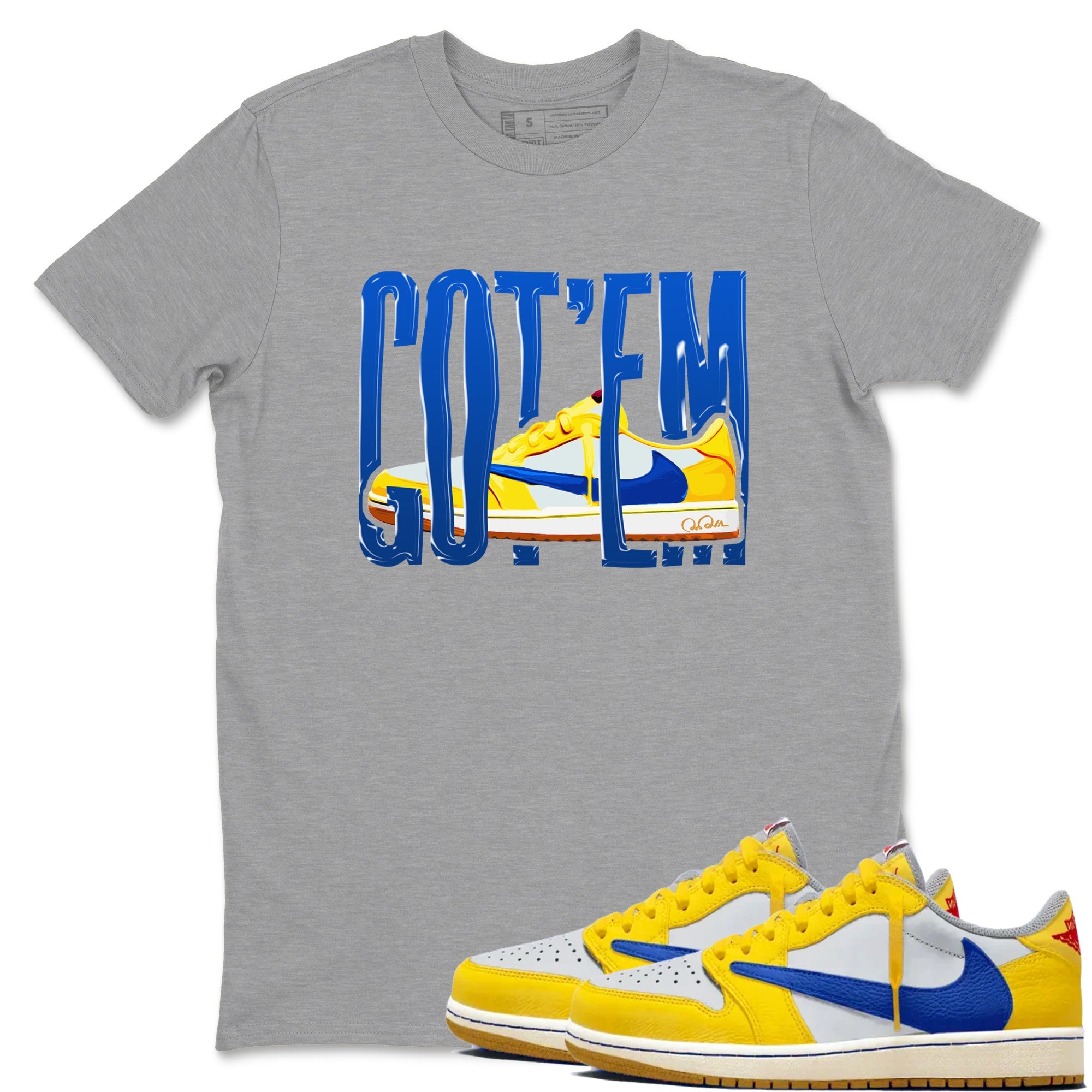1s Travis Scott Canary shirt to match jordans Wiggling Gotem sneaker tees Air Jordan 1 Travis Scott Canary Drip Gear Zone unisex cotton Heather Grey 1 crew neck shirt