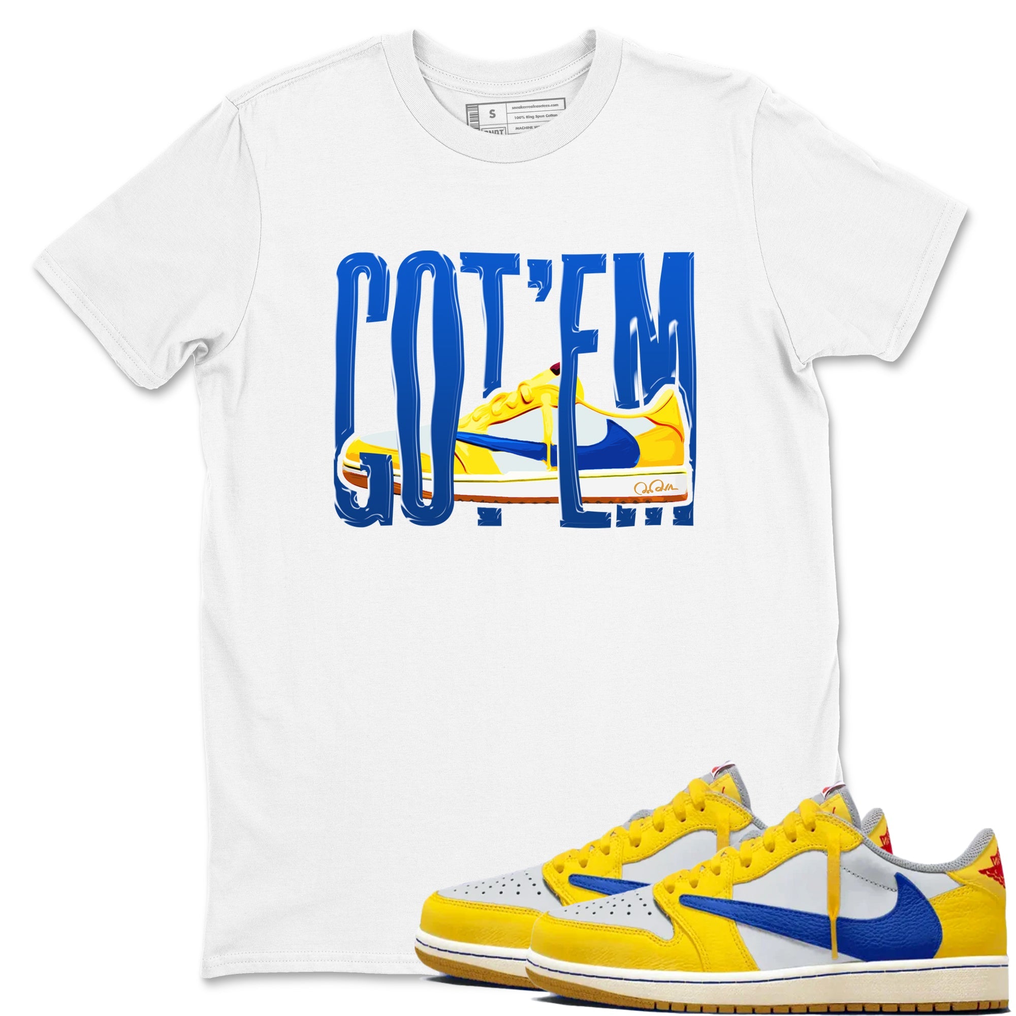 1s Travis Scott Canary shirt to match jordans Wiggling Gotem sneaker tees Air Jordan 1 Travis Scott Canary Drip Gear Zone unisex cotton White 1 crew neck shirt