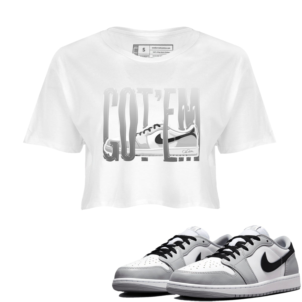 1s Wolf Grey shirts to match jordans Wiggling Gotem sneaker match tees Air Jordan 1 Wolf Grey Drip Gear Zone streetwear brand White 1 crop tee