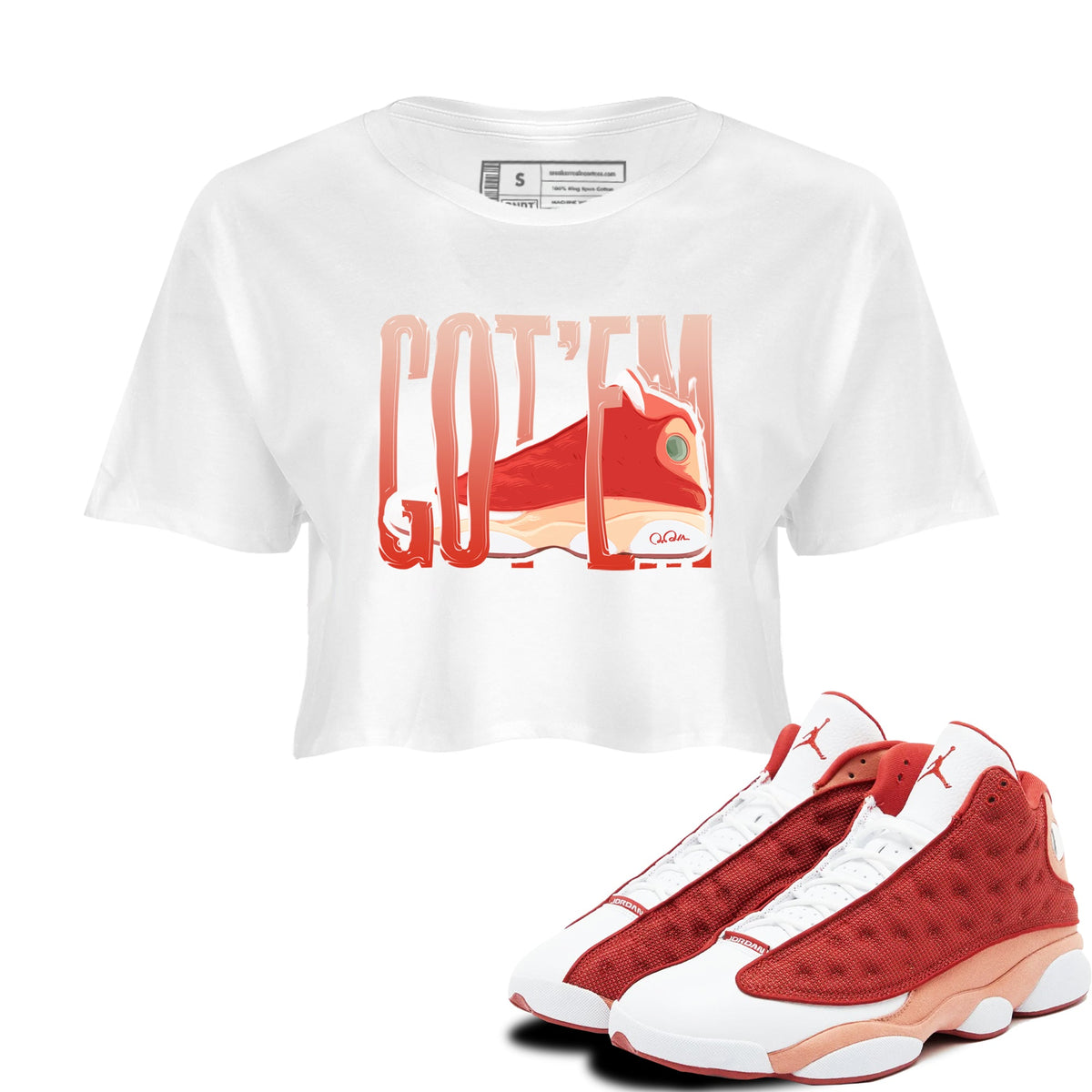 13s Dune Red shirts to match jordans Wiggling Gotem sneaker match tees Air Jordan 13 Dune Red Drip Gear Zone streetwear brand White 1 crop tee