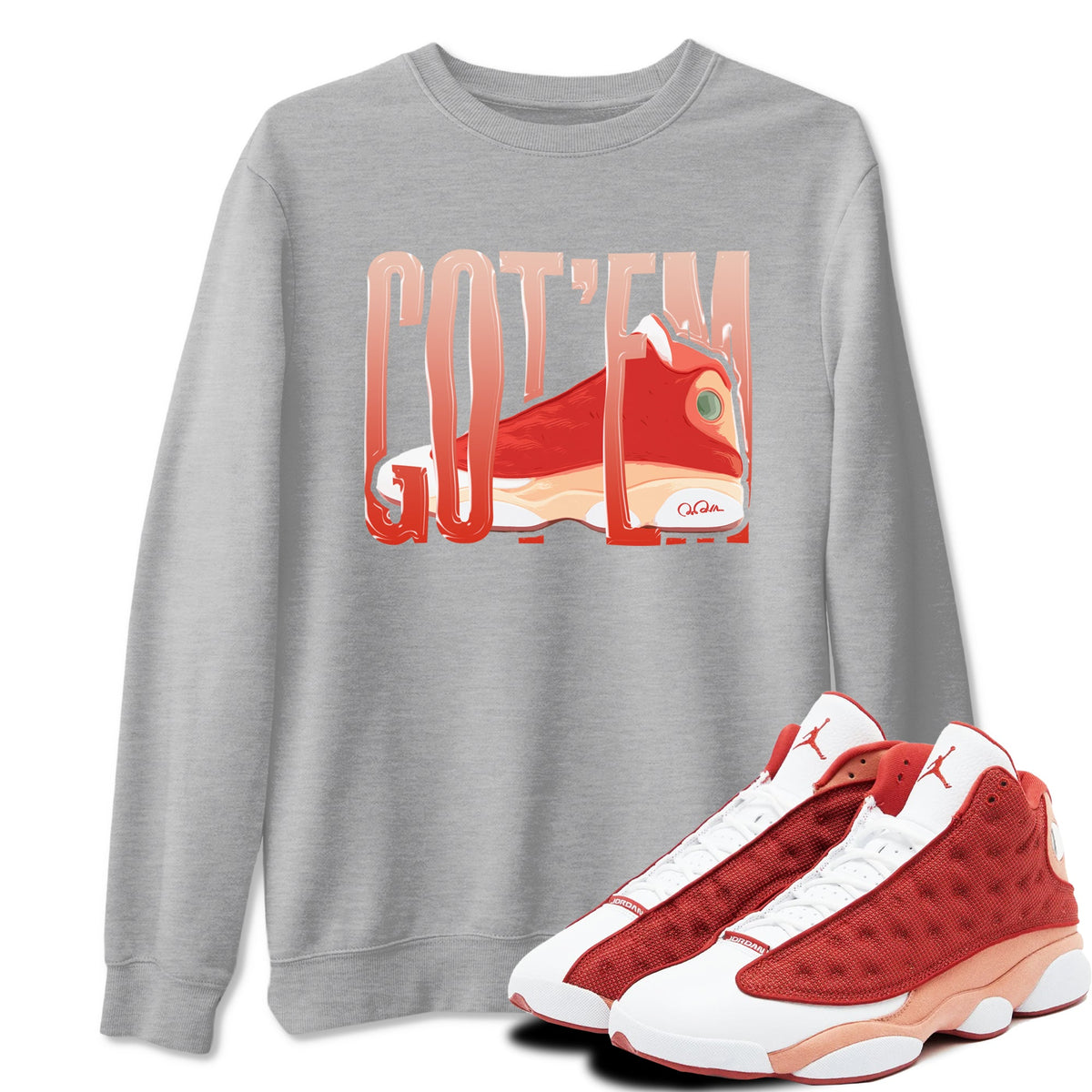 13s Dune Red shirts to match jordans Wiggling Gotem sneaker match tees Air Jordan 13 Dune Red Drip Gear Zone streetwear brand Heather Grey 1 unisex cotton tee