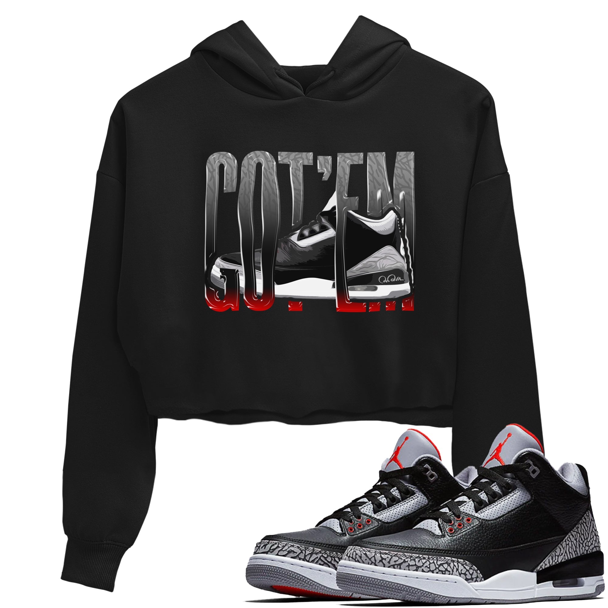 3s Black Cement shirts to match jordans Wiggling Gotem sneaker match tees Air Jordan 3 Black Cement match shoes to clothes Drip Gear Zone unisex cotton Black 1 crop tee