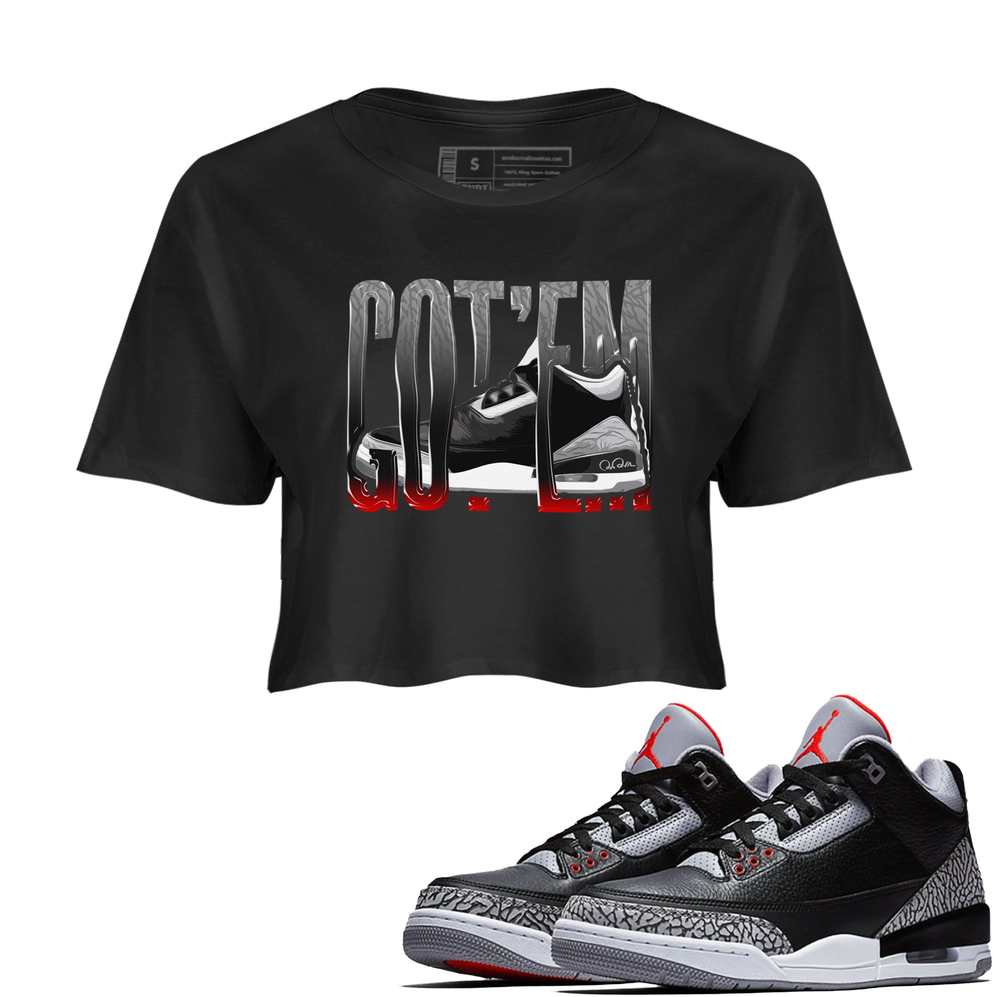 3s Black Cement shirts to match jordans Wiggling Gotem sneaker match tees Air Jordan 3 Black Cement match shoes to clothes Drip Gear Zone unisex cotton Black 1 crop tee