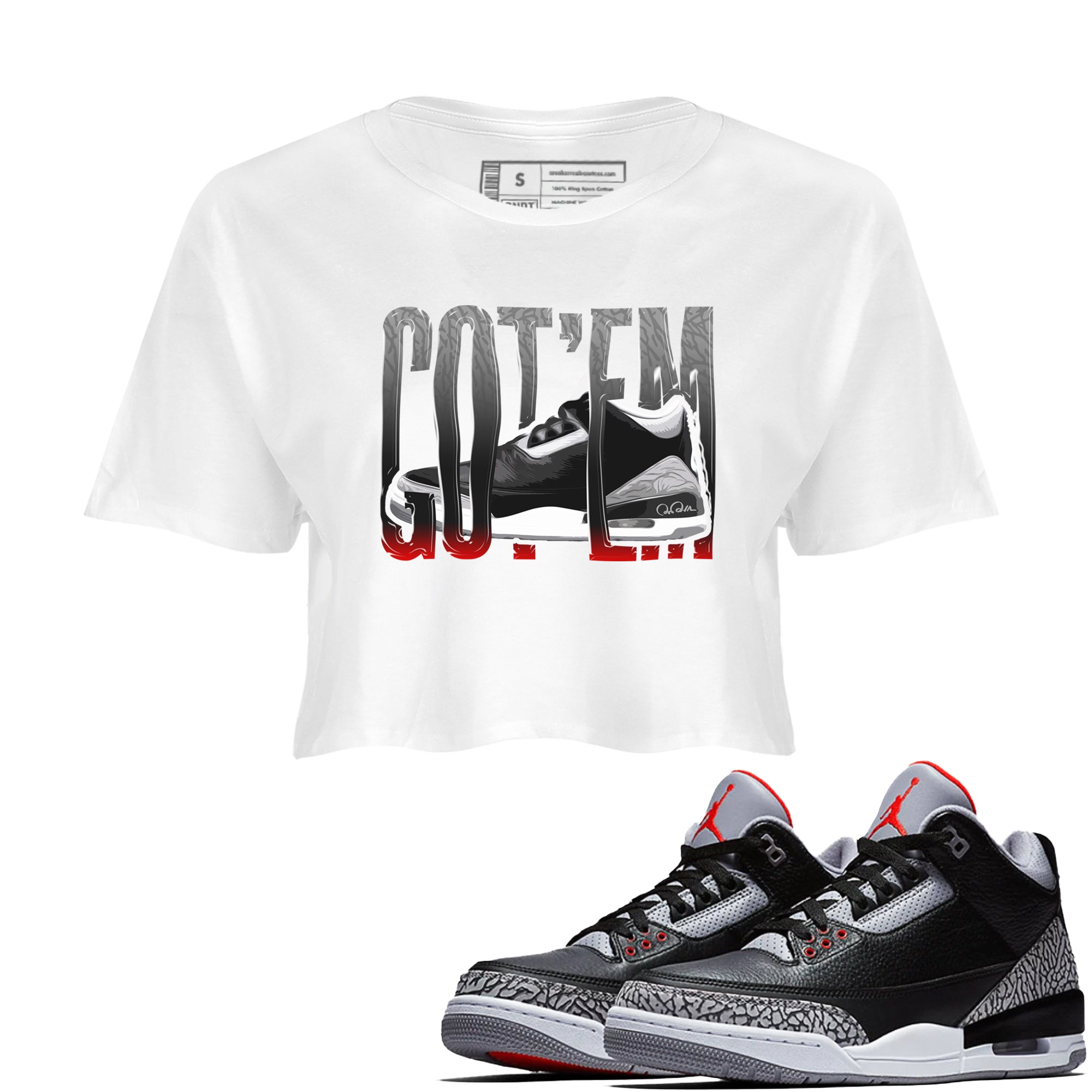 3s Black Cement shirts to match jordans Wiggling Gotem sneaker match tees Air Jordan 3 Black Cement match shoes to clothes Drip Gear Zone unisex cotton White 1 crop tee