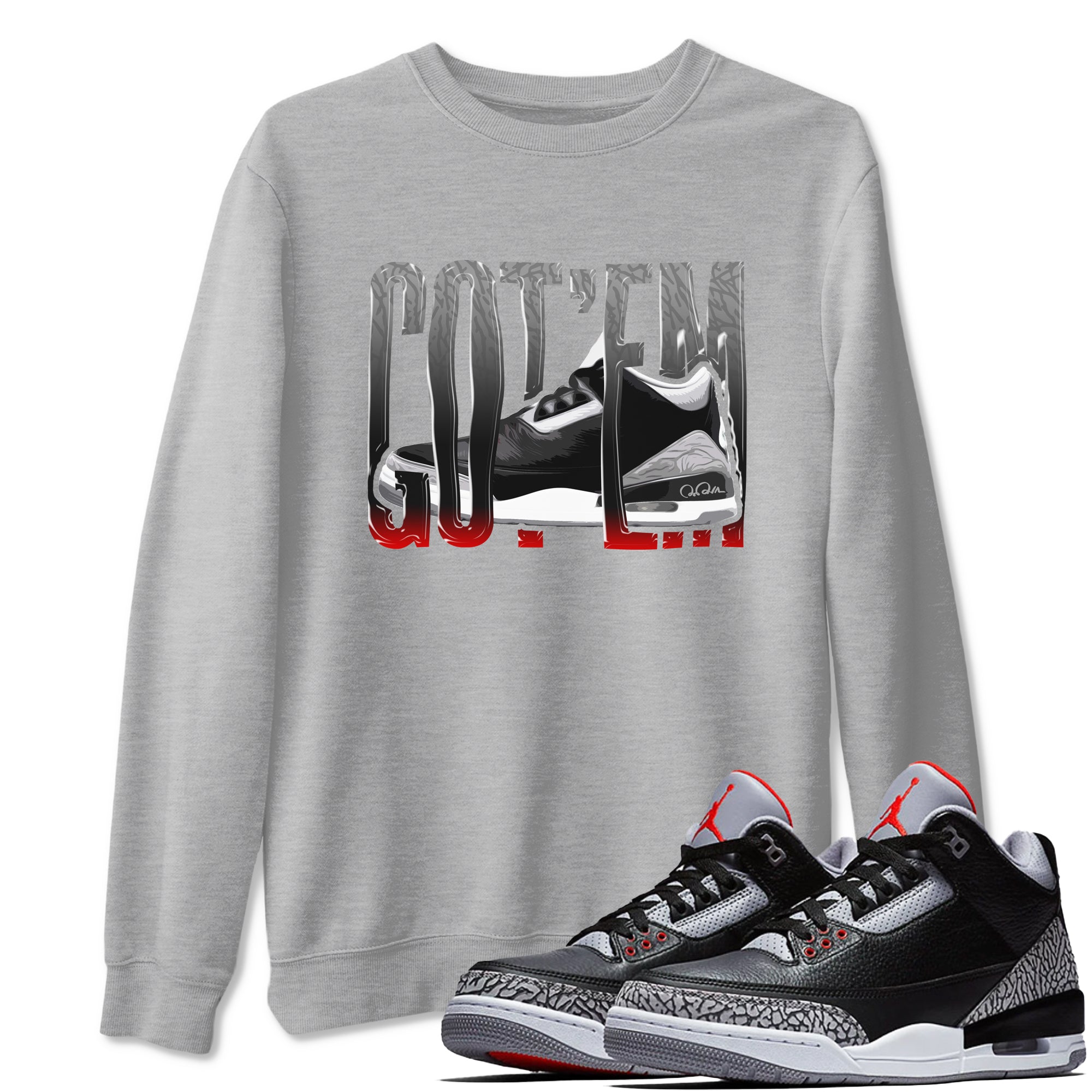 3s Black Cement shirts to match jordans Wiggling Gotem sneaker match tees Air Jordan 3 Black Cement match shoes to clothes Drip Gear Zone unisex cotton Heather Grey 1 shirts