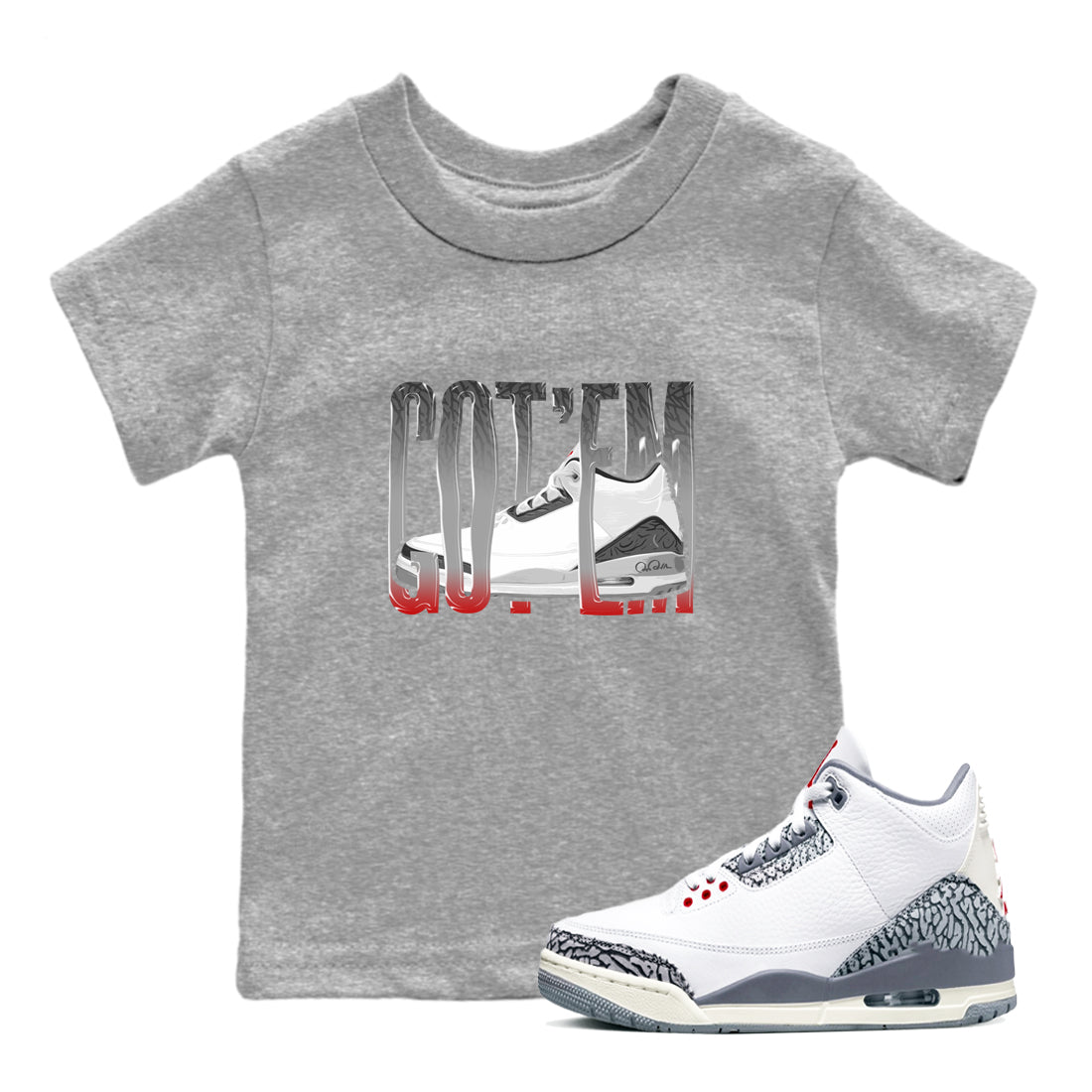 3s Cement Grey shirts to match jordans Wiggling Gotem sneaker match tees Air Jordan 3 Cement Grey Drip Gear Zone Youth Baby Heather Grey 1 crew neck shirts
