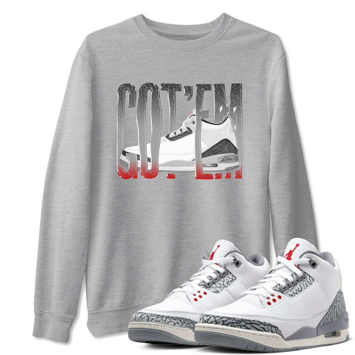 3s Cement Grey shirts to match jordans Wiggling Gotem sneaker match tees Air Jordan 3 Cement Grey Drip Gear Zone unisex cotton Heather Grey 1 crew neck shirts