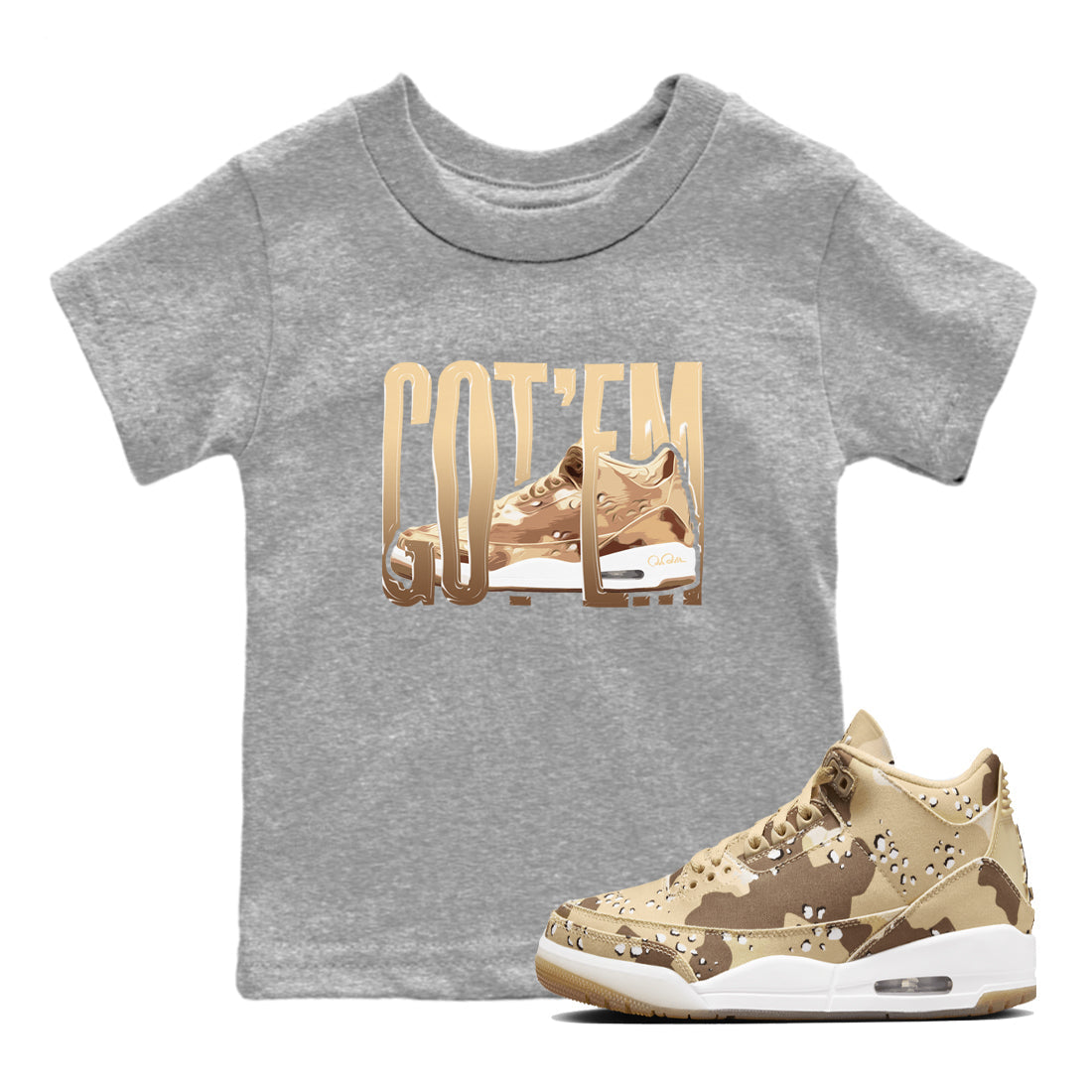AJ3 Desert Camo shirts to match jordans Wiggling Gotem sneaker match tees Air Jordan 3 Desert Camo Drip Gear Zone streetwear brand Baby and Youth Heather Grey 1 cotton tee