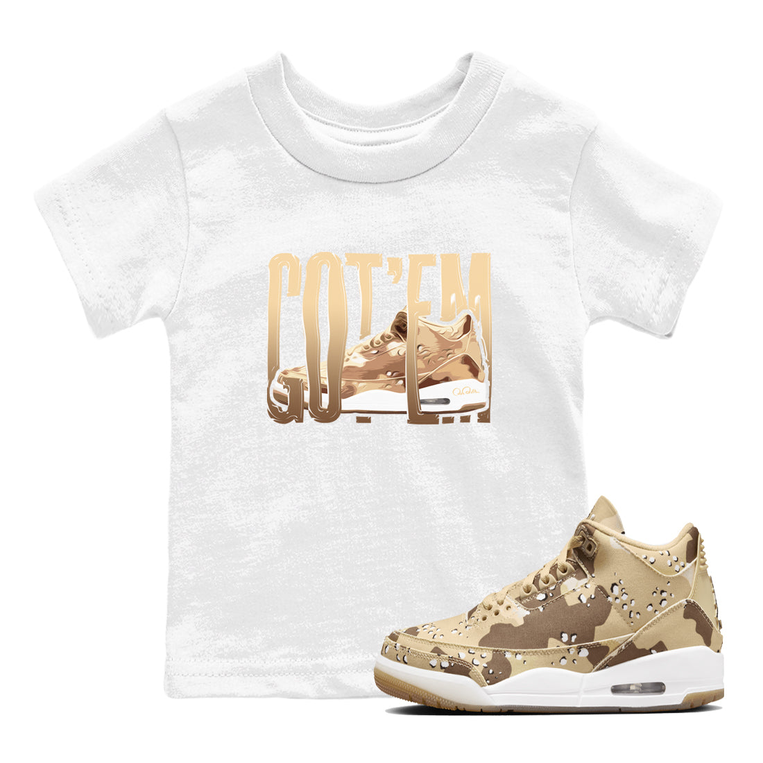 AJ3 Desert Camo shirts to match jordans Wiggling Gotem sneaker match tees Air Jordan 3 Desert Camo Drip Gear Zone streetwear brand Baby and Youth White 1 cotton tee