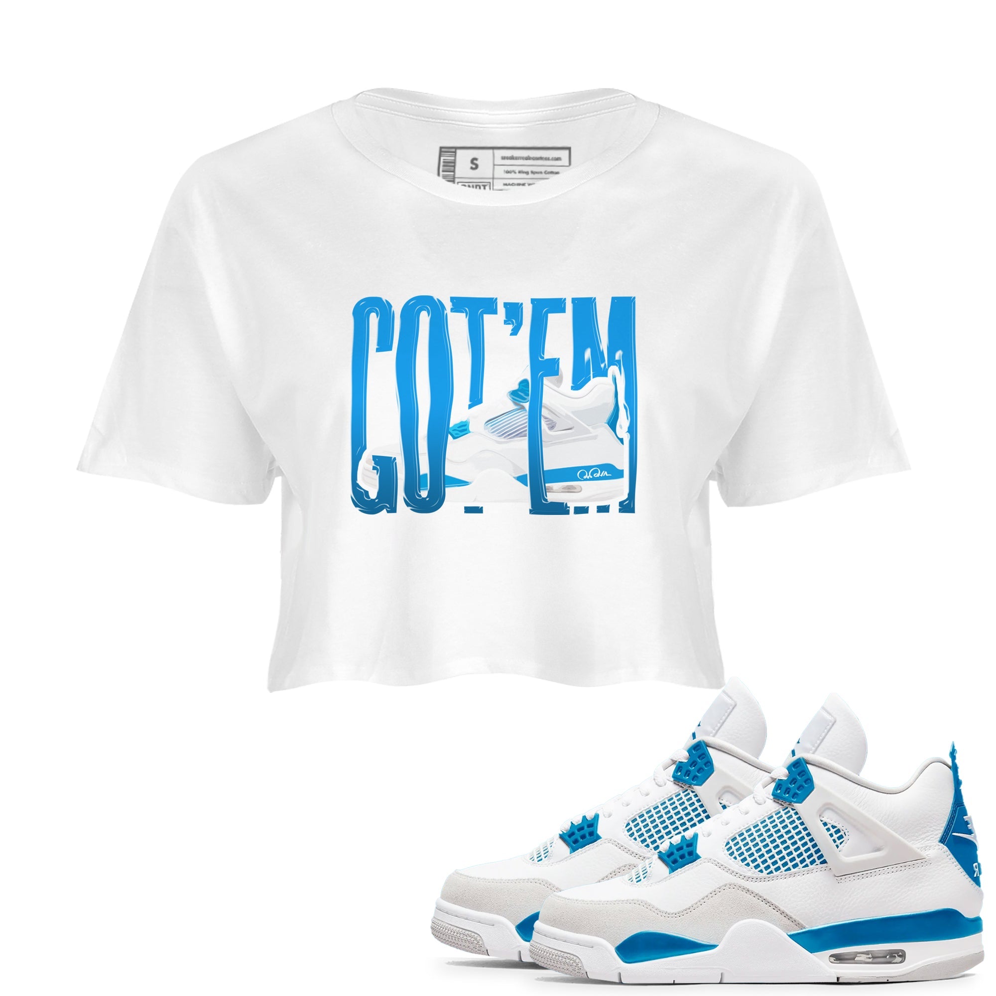 AJ4 Military Blue shirt to match jordans Wiggling Gotem sneaker tees Air Jordan 4 Military Blue Drip Gear Zone White 1 crop length shirt