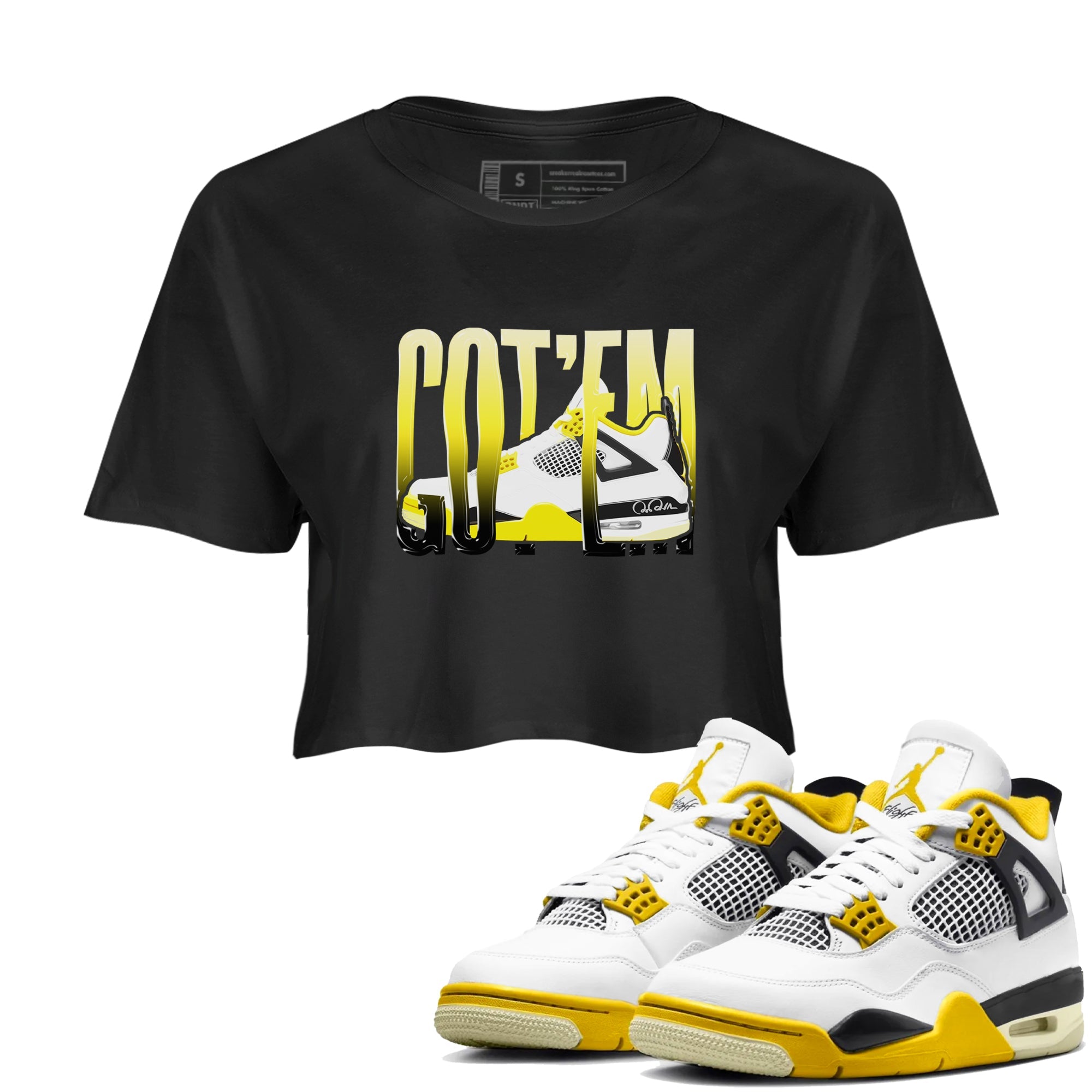 AJ4 Vivid Sulfur shirt to match jordans Wiggling Gotem sneaker tees Air Jordan 4 Vivid Sulfur Drip Gear Zone Black 1 crop length shirt