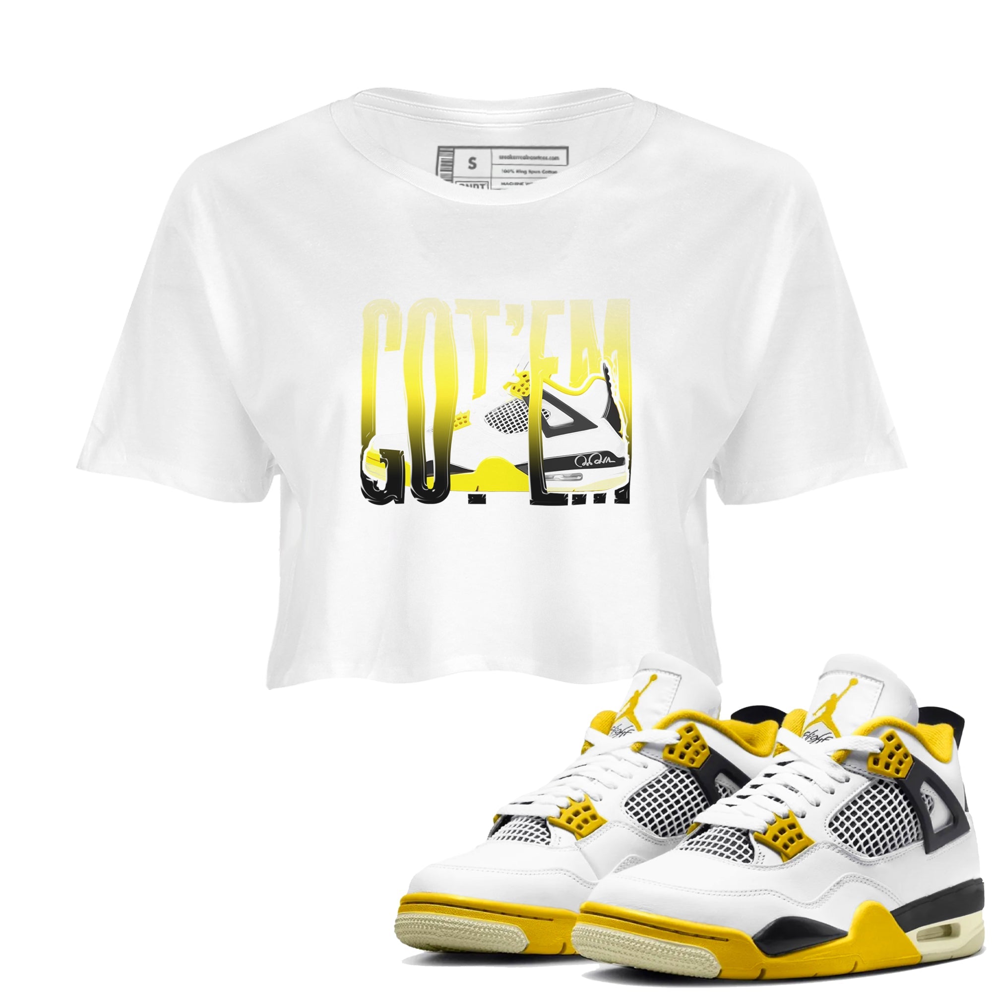 AJ4 Vivid Sulfur shirt to match jordans Wiggling Gotem sneaker tees Air Jordan 4 Vivid Sulfur Drip Gear Zone White 1 crop length shirt