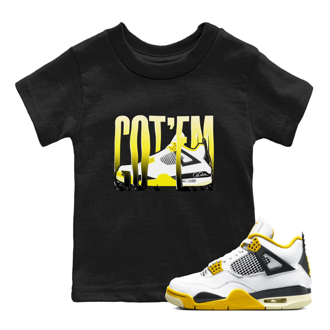 AJ4 Vivid Sulfur shirt to match jordans Wiggling Gotem sneaker tees Air Jordan 4 Vivid Sulfur Drip Gear Zone baby toddler Black 1 cotton Shirt