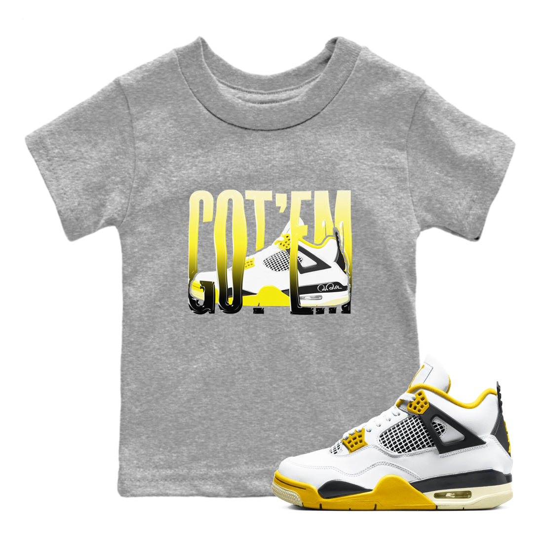 AJ4 Vivid Sulfur shirt to match jordans Wiggling Gotem sneaker tees Air Jordan 4 Vivid Sulfur Drip Gear Zone baby toddler Heather Grey 1 cotton Shirt