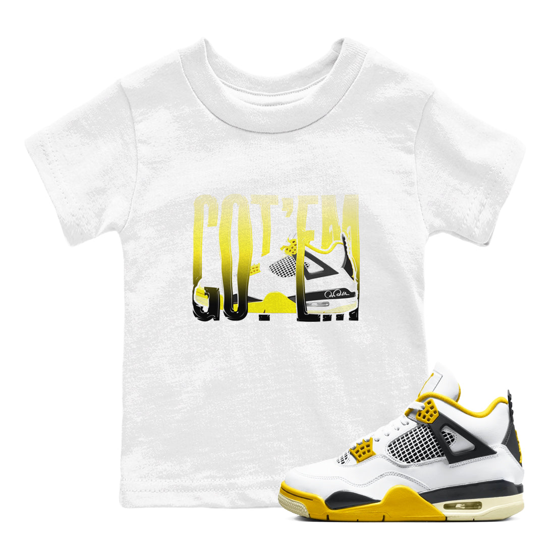 AJ4 Vivid Sulfur shirt to match jordans Wiggling Gotem sneaker tees Air Jordan 4 Vivid Sulfur Drip Gear Zone baby toddler White 1 cotton Shirt