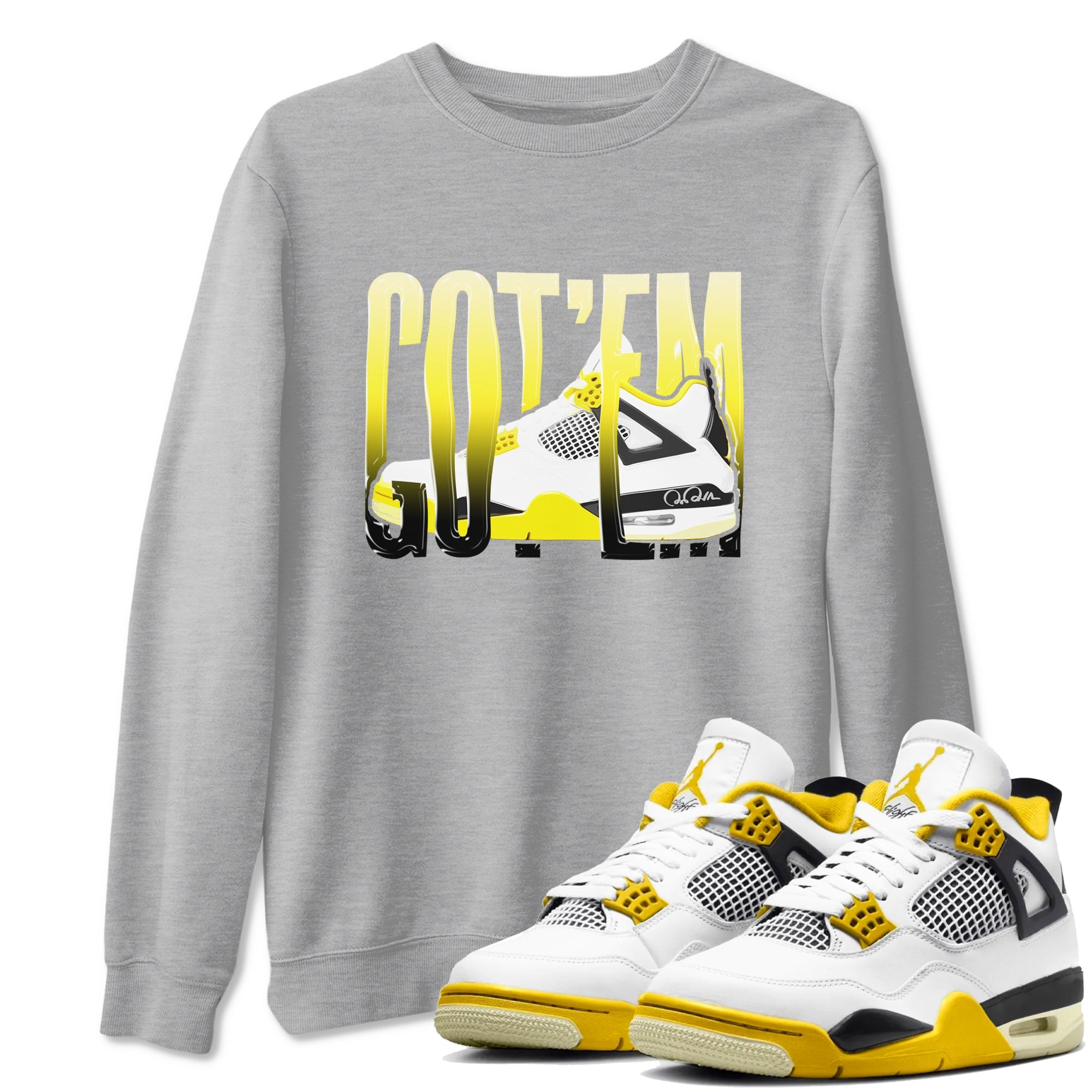 AJ4 Vivid Sulfur shirt to match jordans Wiggling Gotem sneaker tees Air Jordan 4 Vivid Sulfur Drip Gear Zone unisex cotton Heather Grey 1 crew neck shirt