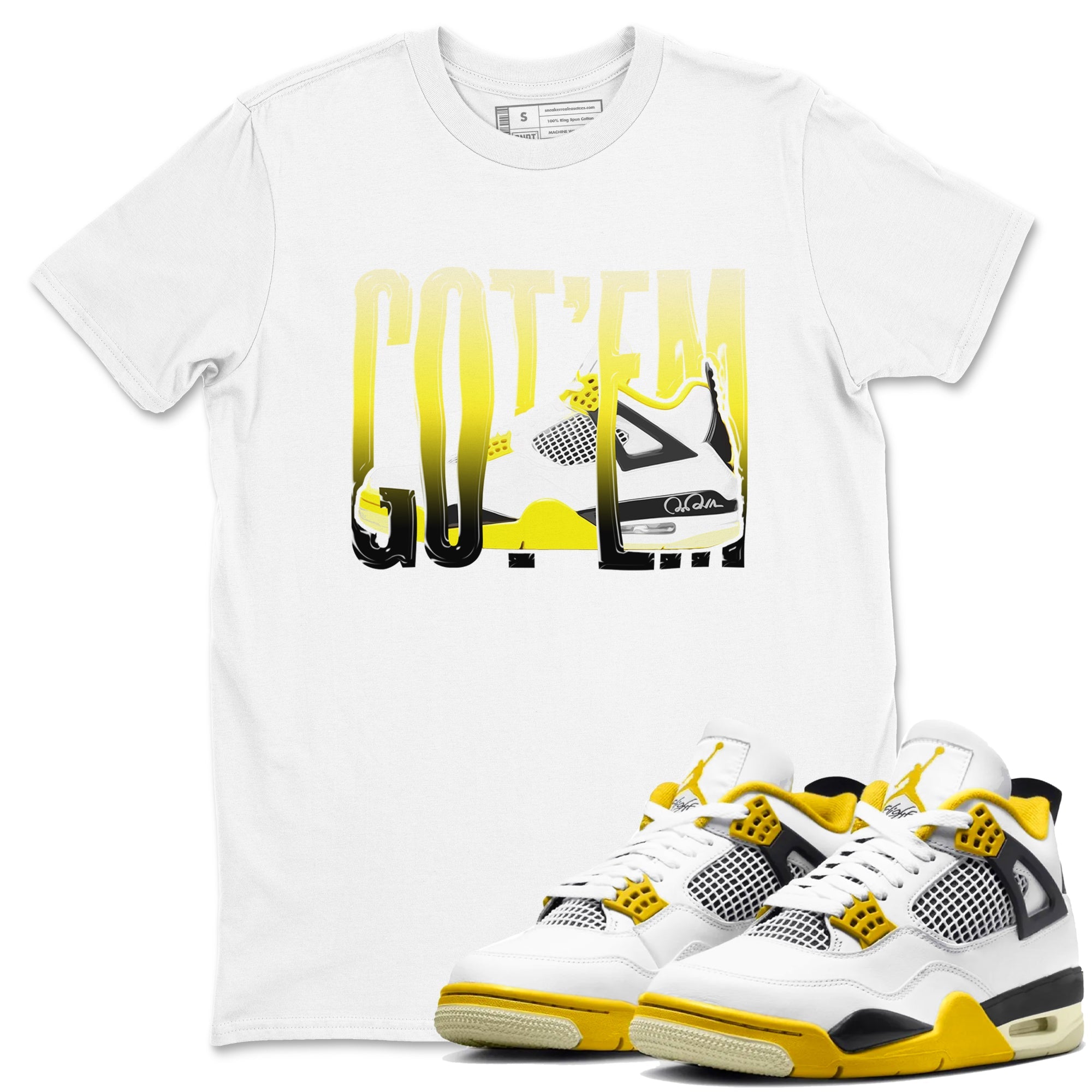 AJ4 Vivid Sulfur shirt to match jordans Wiggling Gotem sneaker tees Air Jordan 4 Vivid Sulfur Drip Gear Zone unisex cotton White 1 crew neck shirt