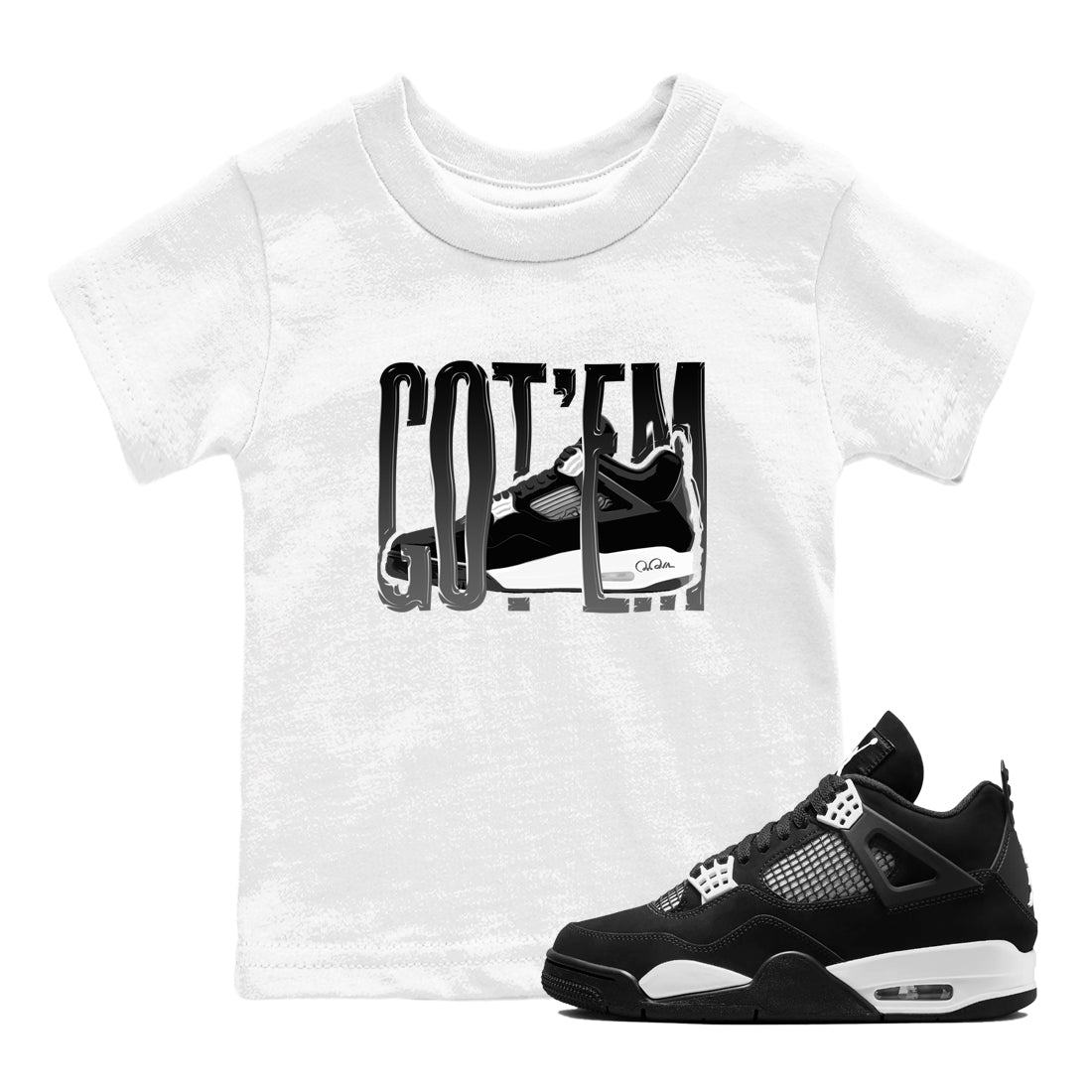 4s White Thunder shirts to match jordans Wiggling Gotem sneaker match tees Air Jordan 4 White Thunder Drip Gear Zone Youth Baby White 1 crew neck shirts