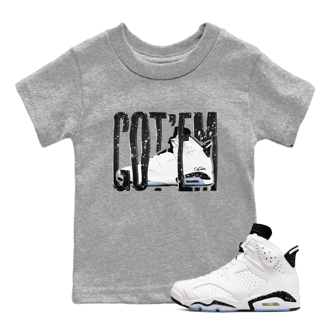 AJ6 White Black shirts to match jordans Wiggling Gotem sneaker match tees Air Jordan 6 White Black Drip Gear Zone streetwear brand Baby and Youth Heather Grey 1 cotton tee